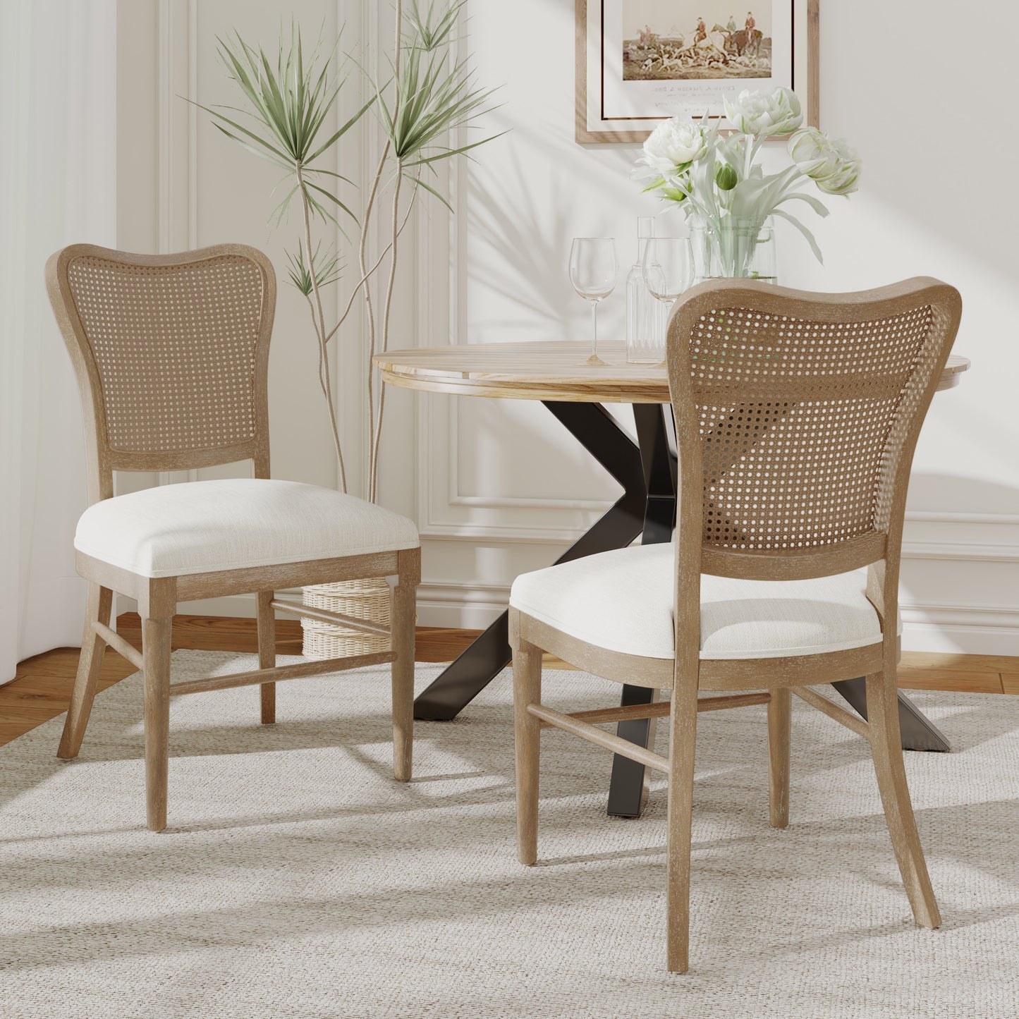 Classic Retro Dining Chair Set of 2 with Rattan Backrest, Dark Brown Rubberwood Frame, Beige Fabric Cushion FredCo