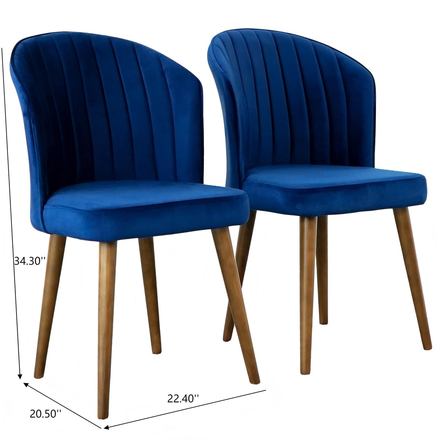 Pair of blue velvet dining chairs with wooden legs, modern design, FredCo International furniture