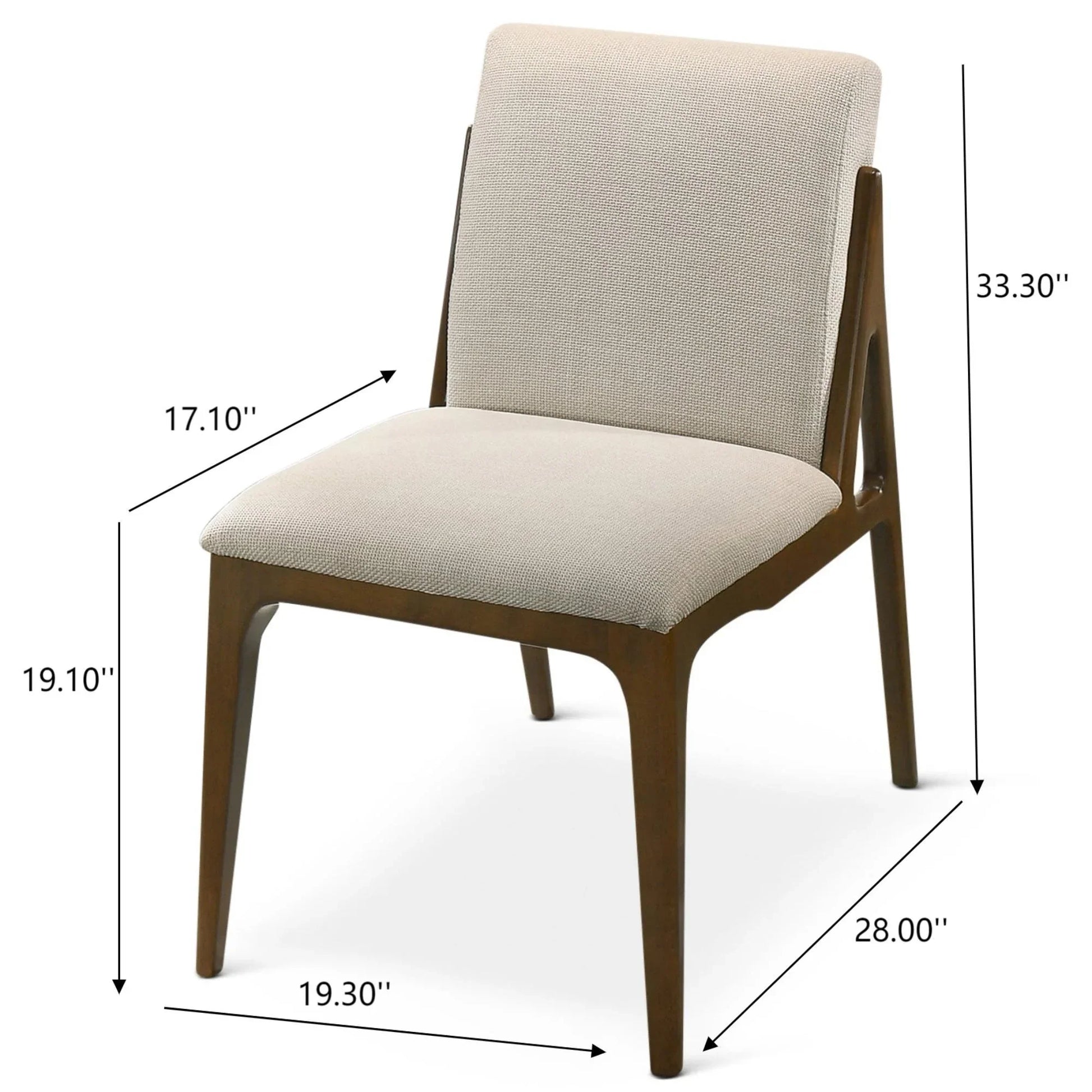 Modern beige upholstered dining chair with wooden frame, shown with height and width dimensions.