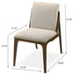 Modern beige upholstered dining chair with wooden frame, shown with height and width dimensions.