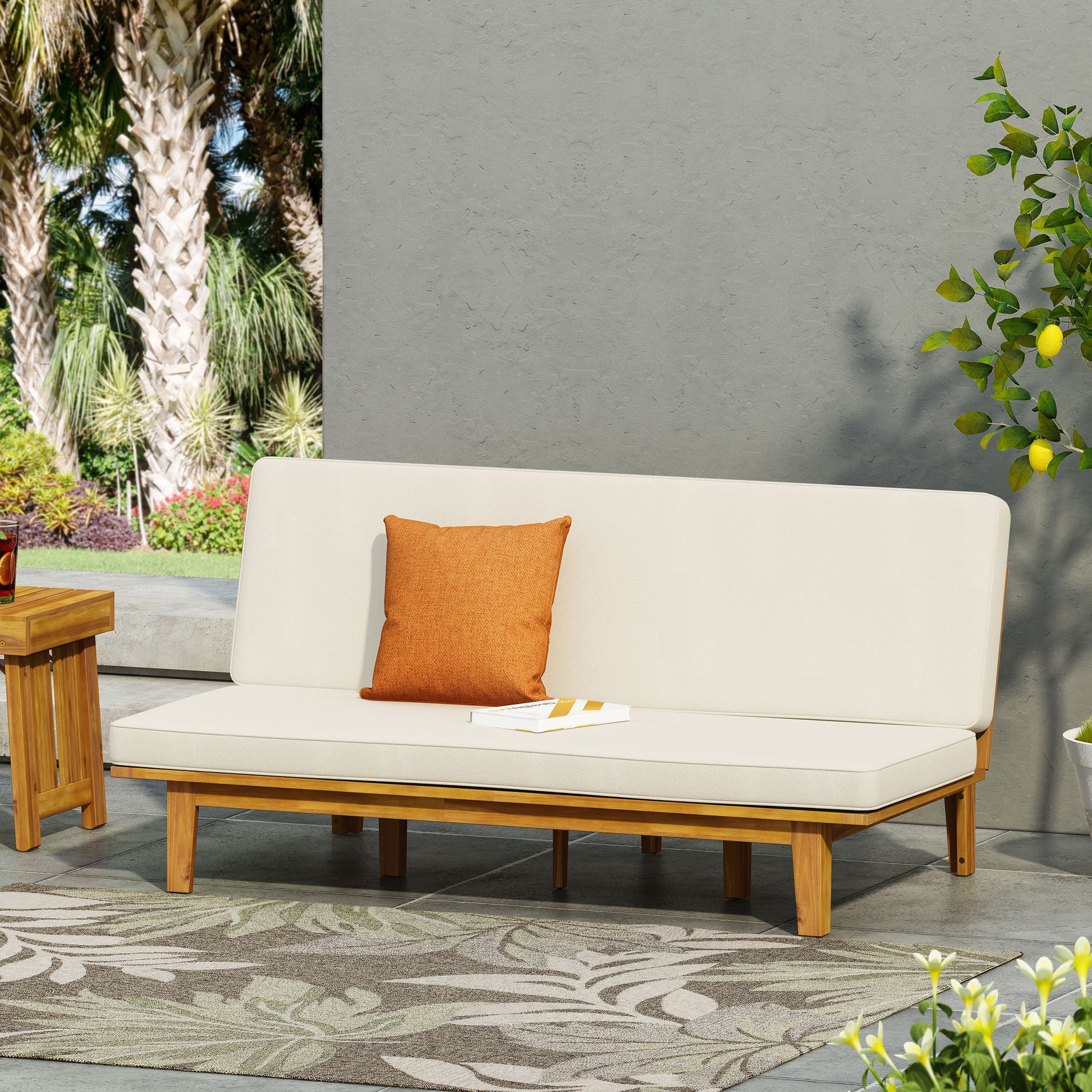 Outdoor Elegance Daybed with Convertible Design, Beige Cushion, Acacia Wood Frame FredCo