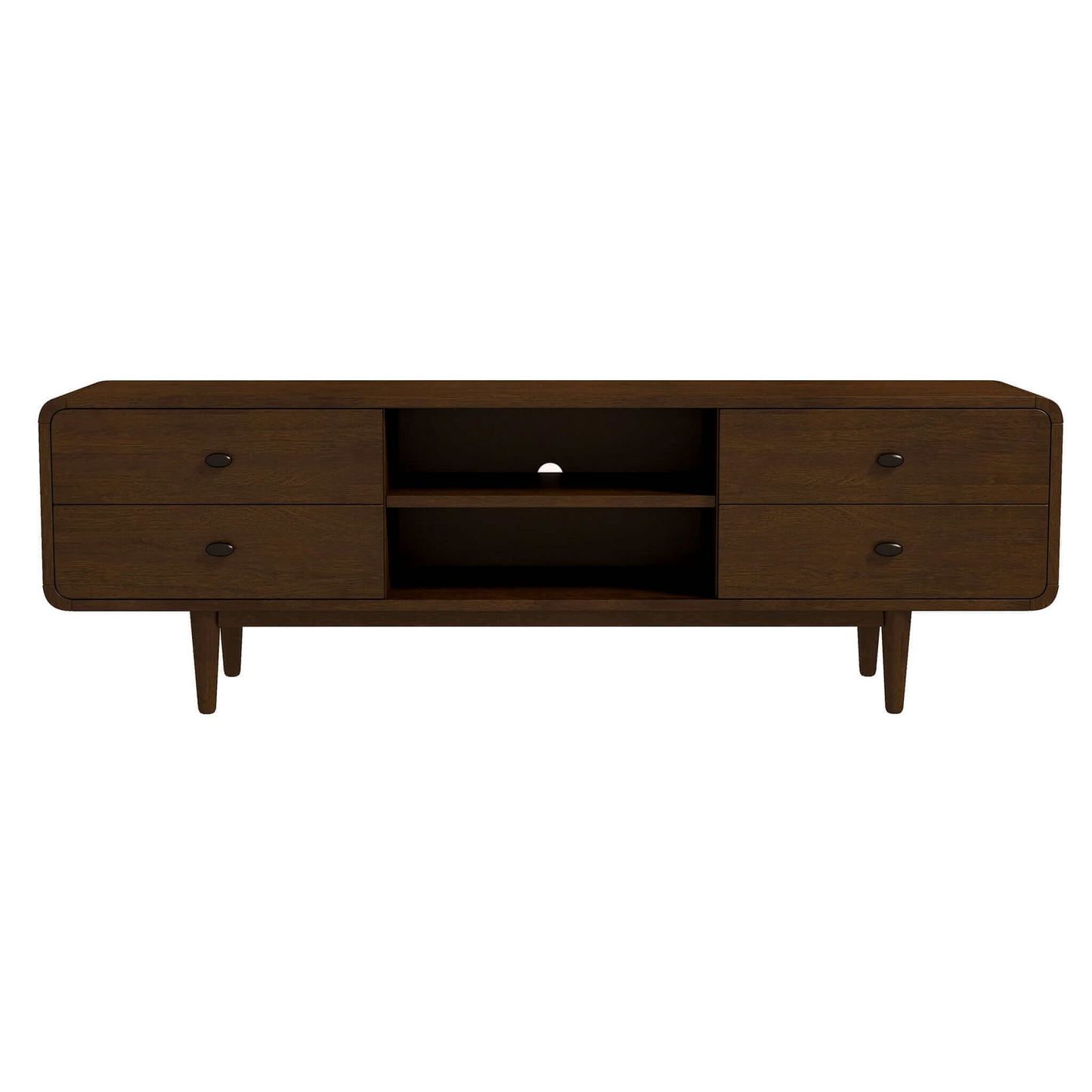 Mid-century modern walnut TV stand with four drawers and open shelves, FredCo International furniture