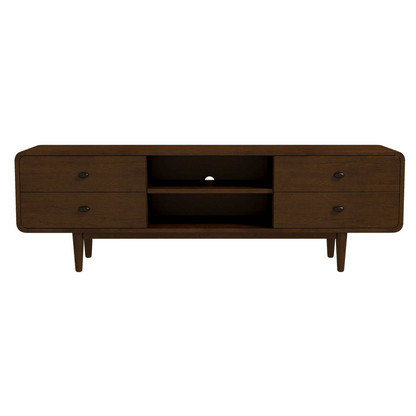 Mid-century modern walnut TV stand with four drawers and open shelves, FredCo International furniture
