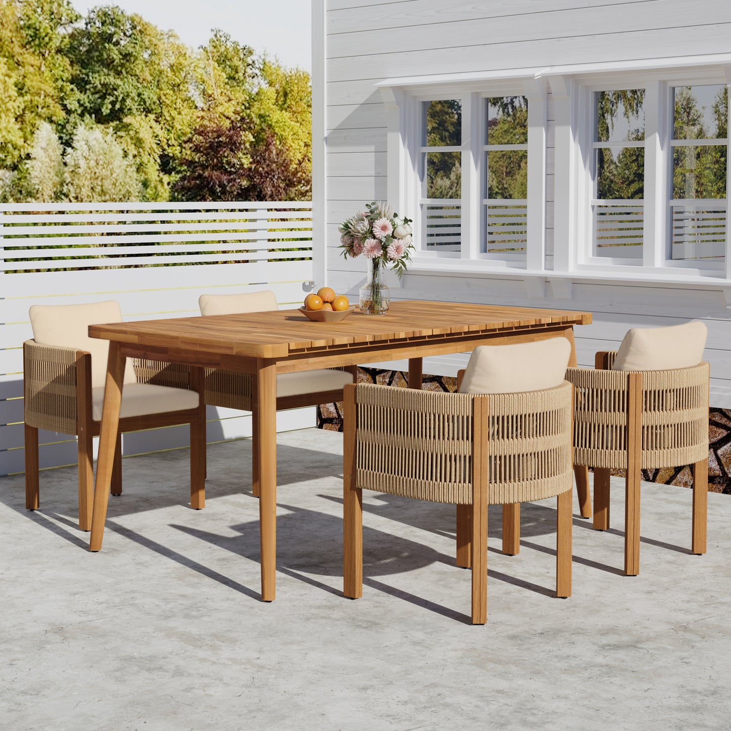 Outdoor Dining Set with Acacia Wood Table and 4 Chairs, Washable Waterproof Cushions, Slatted Tabletop for Patio Garden, Beige FredCo
