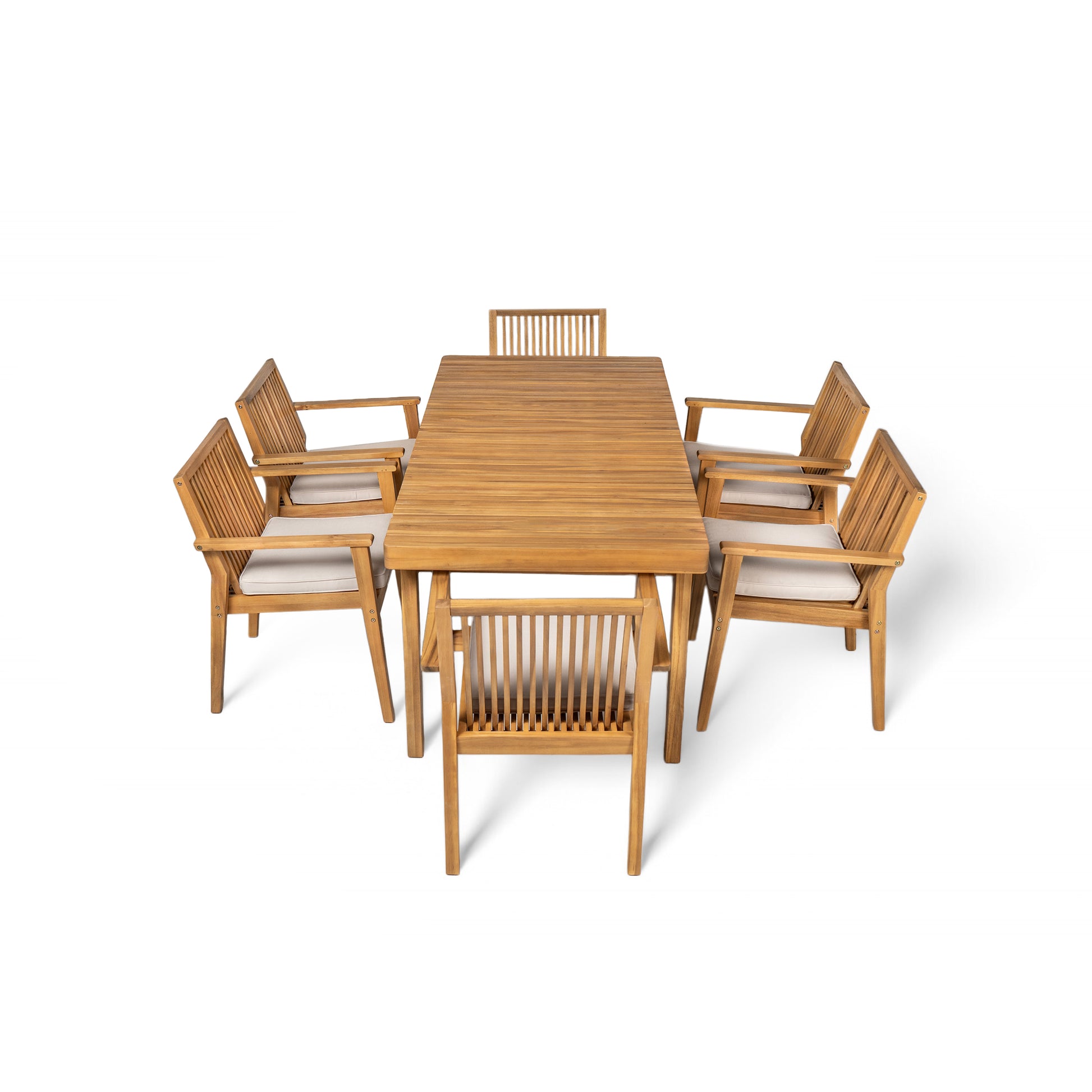 Durable 7 - Piece Patio Furniture Set Acacia Wood Table and 6 Heavy-Duty Cushioned Chairs, Natural FredCo