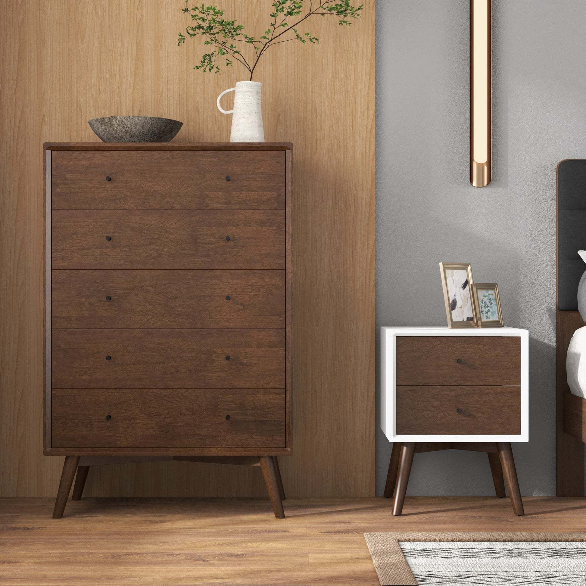 Caroline Mid Century Modern Style 2-Drawer White Night Stand Solid Wood 23.6'H x 17.7'W x 15.7'D FredCo