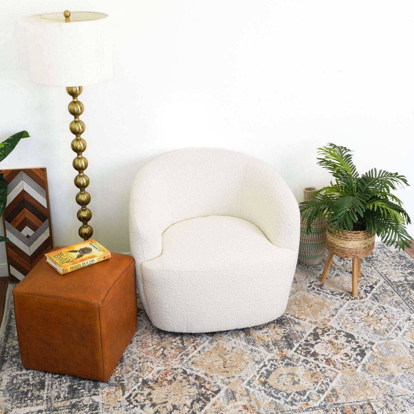 Mina Modern Boucle Swivel Chair with Sturdy Frame in White FredCo