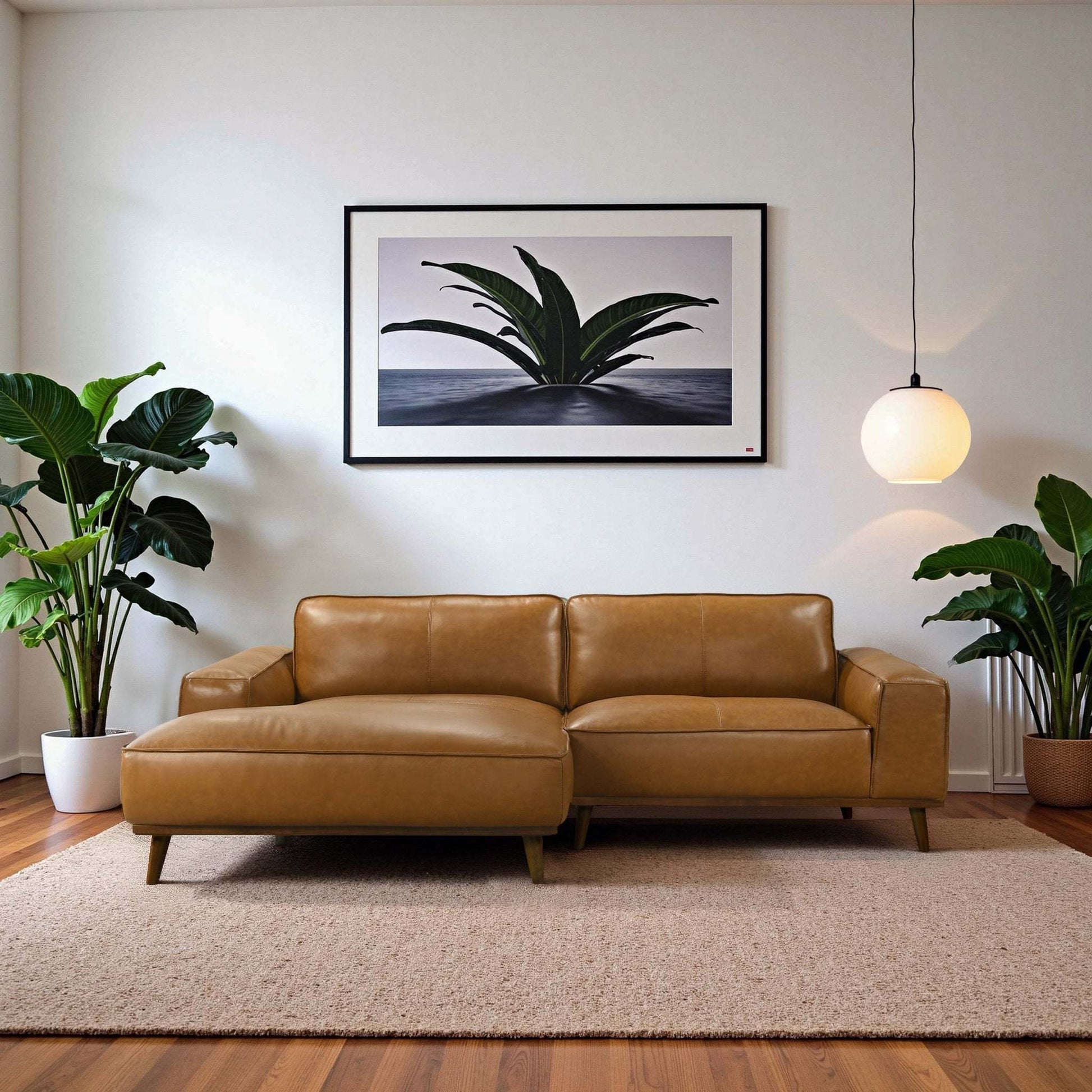 Modern living room with brown leather sectional sofa, indoor plants, and framed wall art