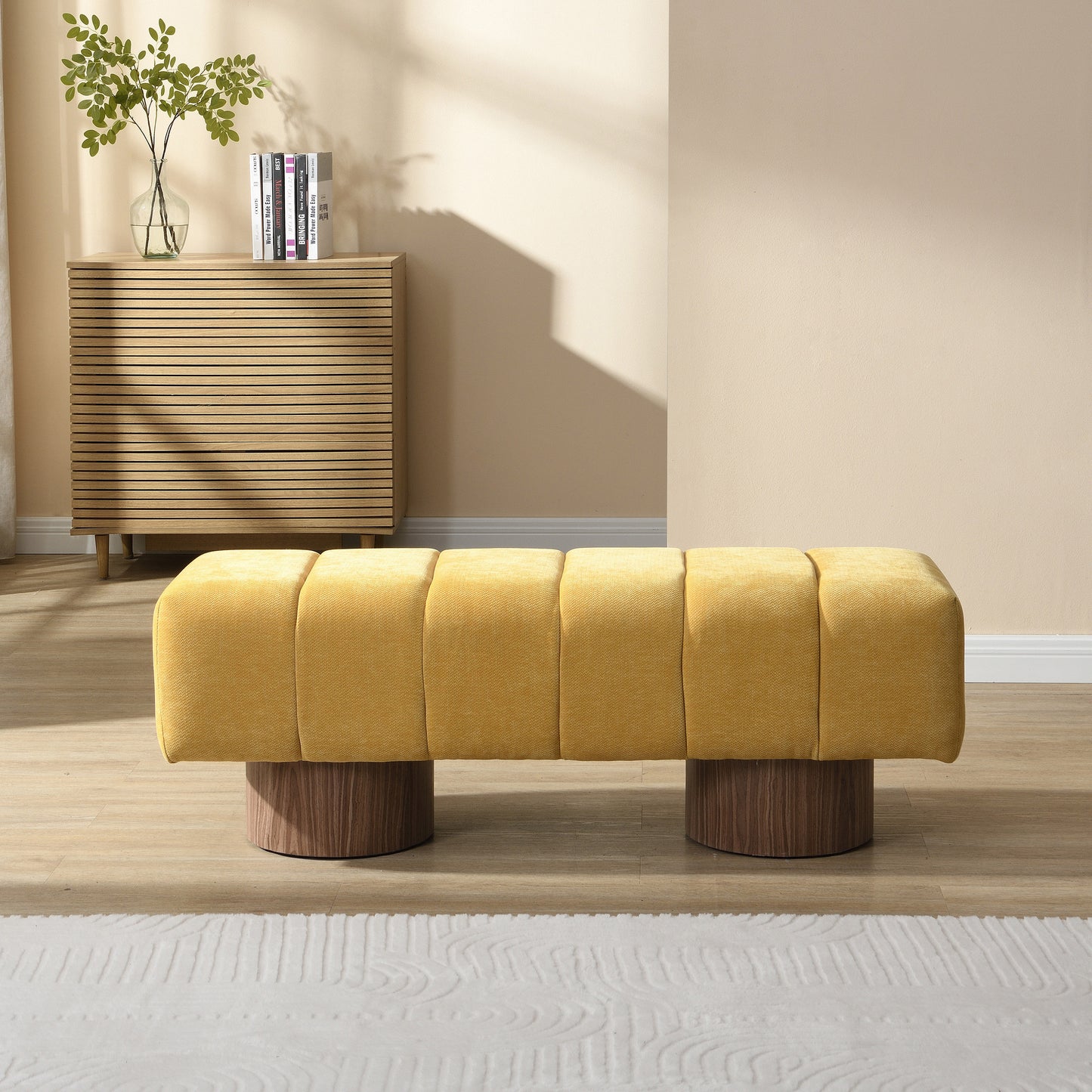 Upholstered Dining Bench, No-Assembly Entryway Bench Ottoman, Yellow Chenille Fabric, 50' Length FredCo