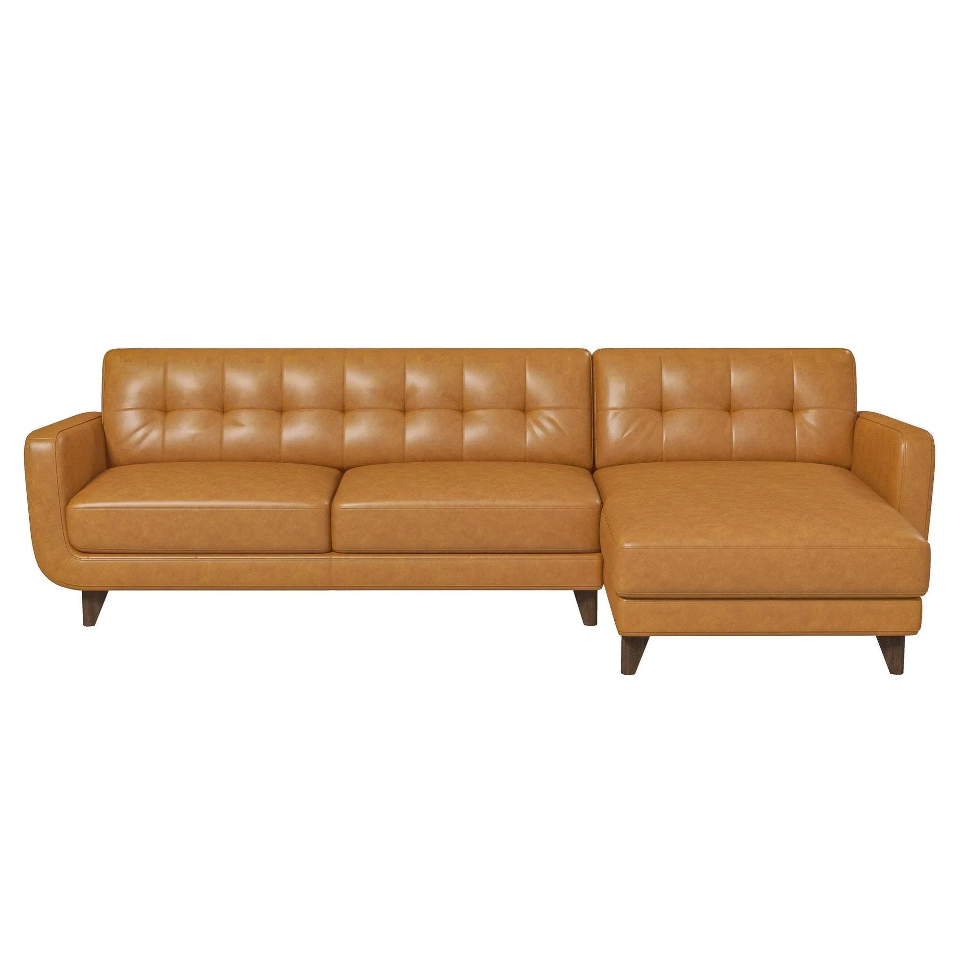 Mid-century modern tan leather sectional sofa with tufted backrest, FredCo International furniture