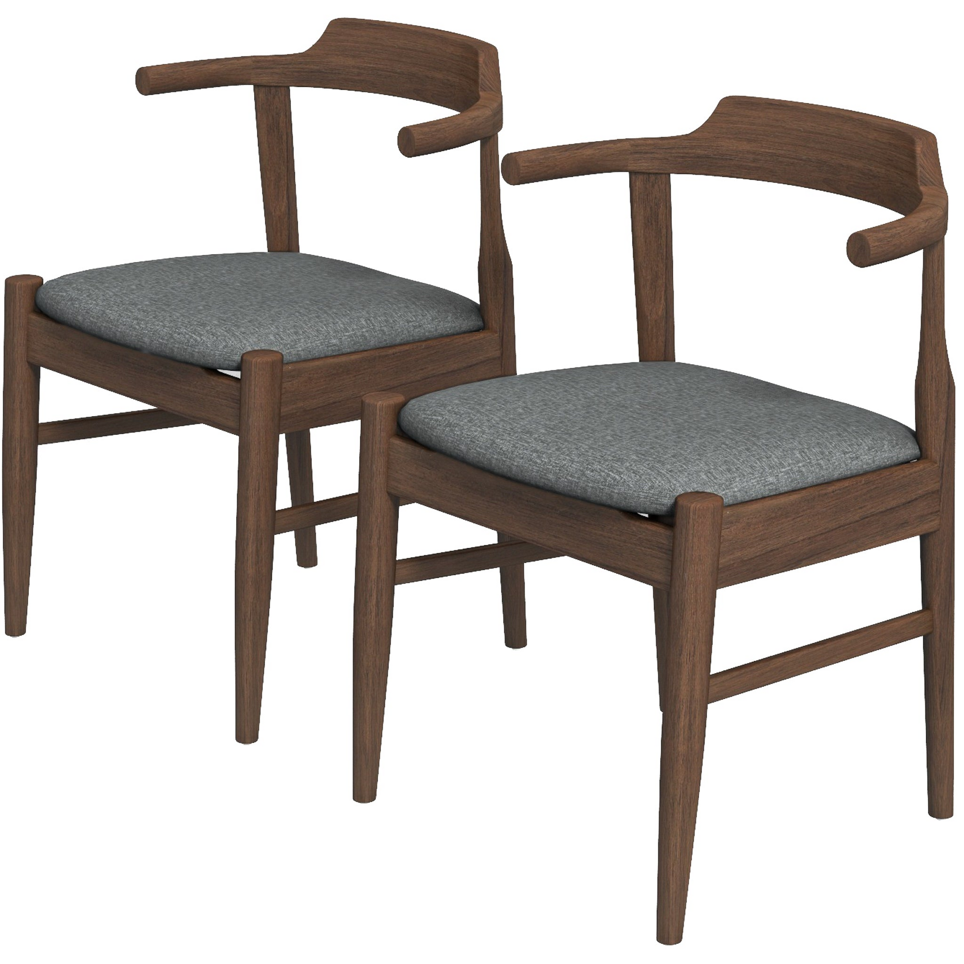 Pair of modern wooden dining chairs with curved backs and gray cushioned seats