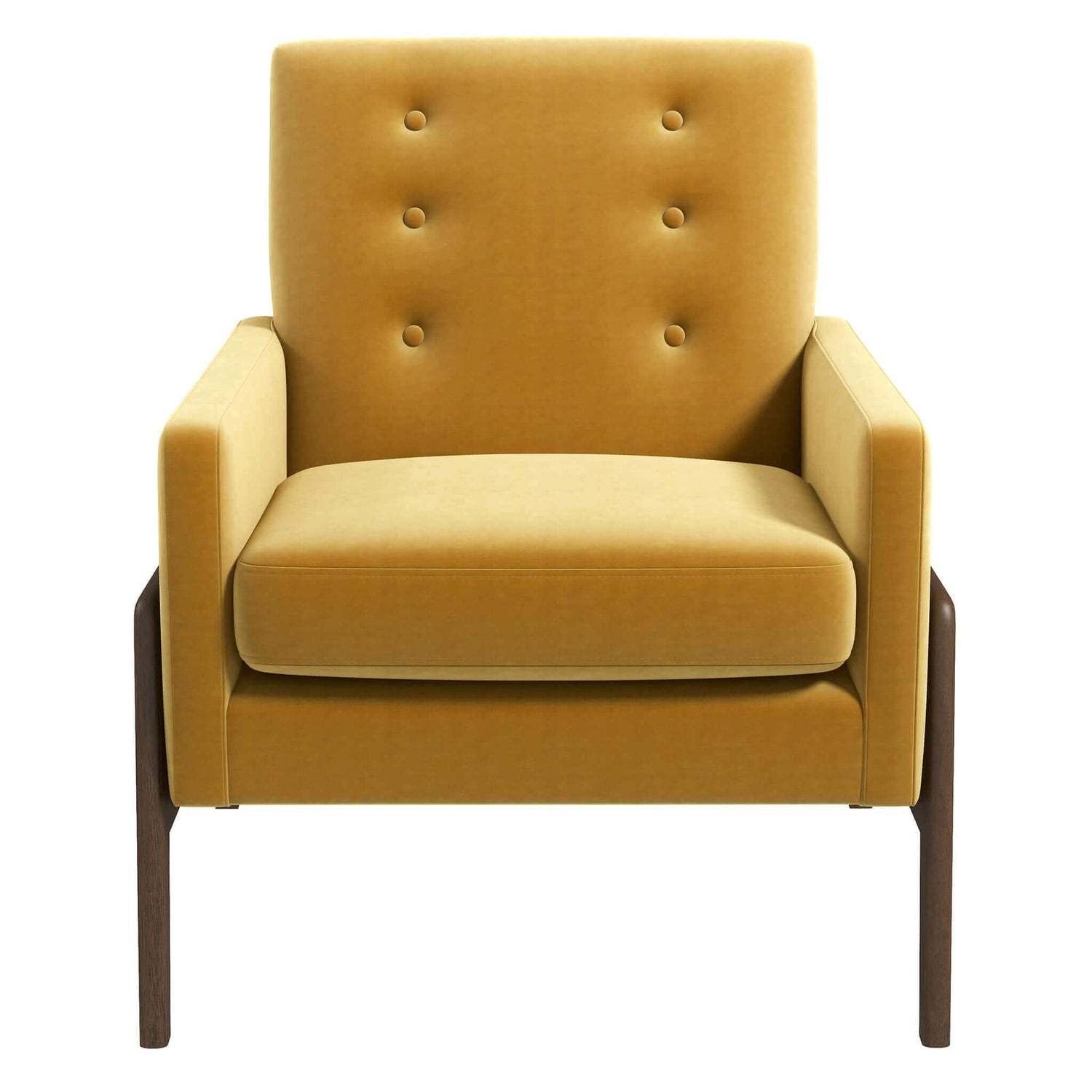 Modern yellow accent chair with button-tufted backrest and wooden legs, FredCo International