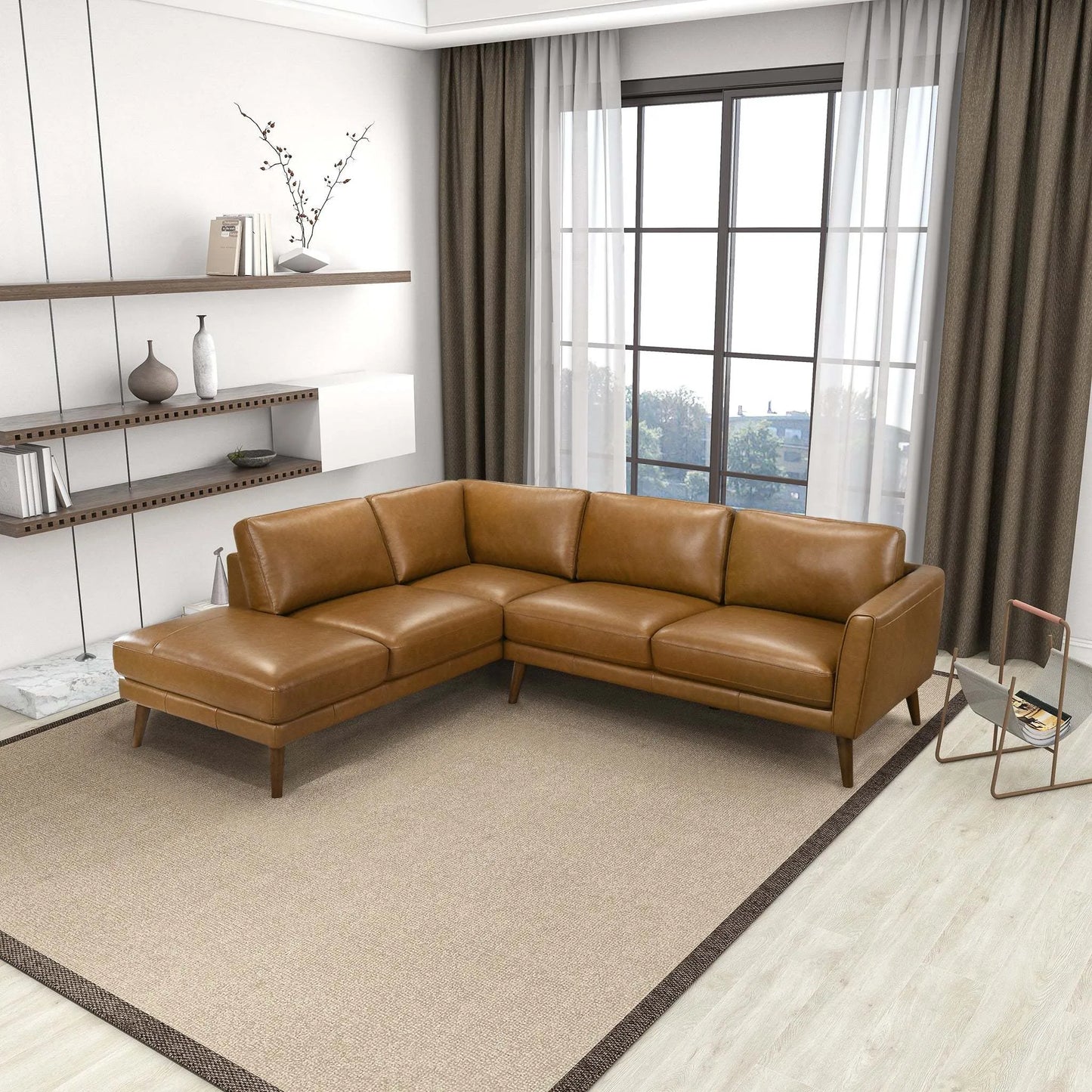 Modern living room with brown leather sectional sofa, large rug, and window by FredCo International