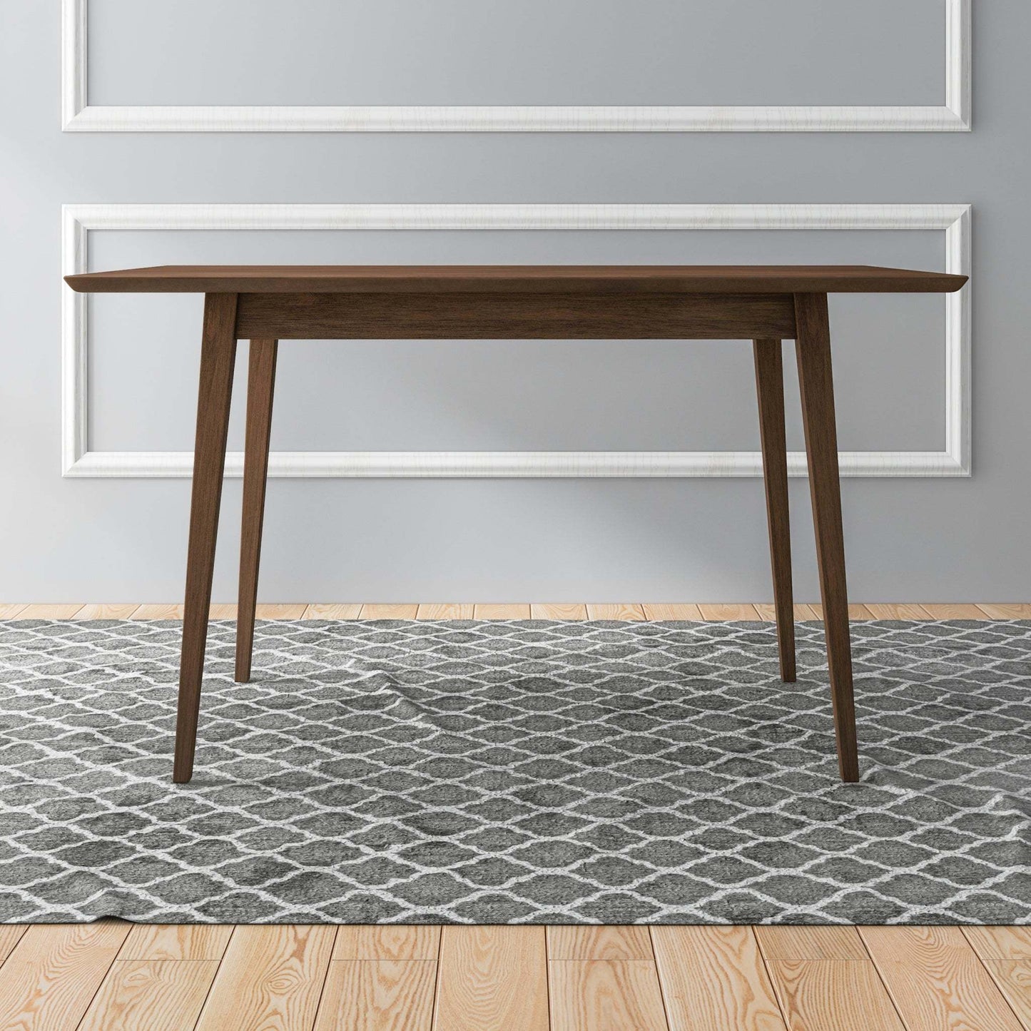 Modern wooden dining table on patterned rug, FredCo International home furniture
