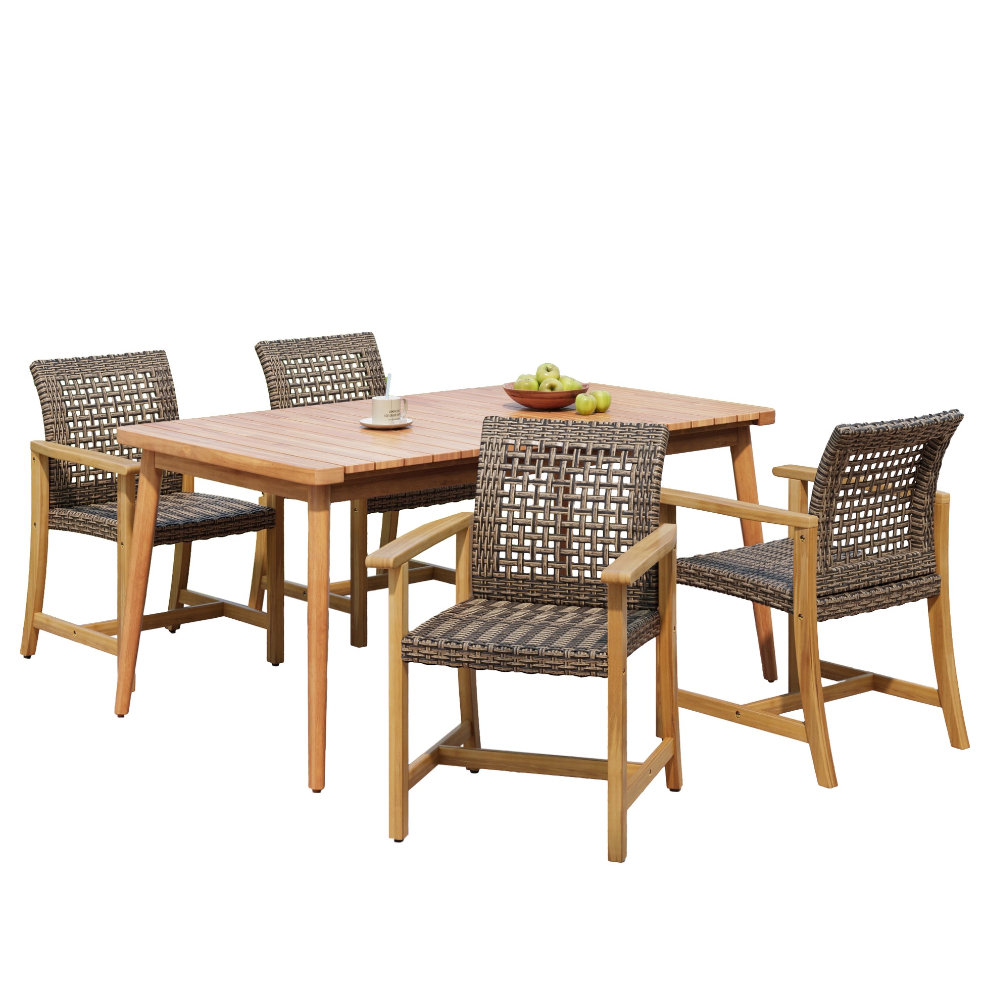 5-Piece Patio Dining Set, 63' Slatted Table & 4 Acacia Wood & PE Rattan Chairs for Patio Garden FredCo
