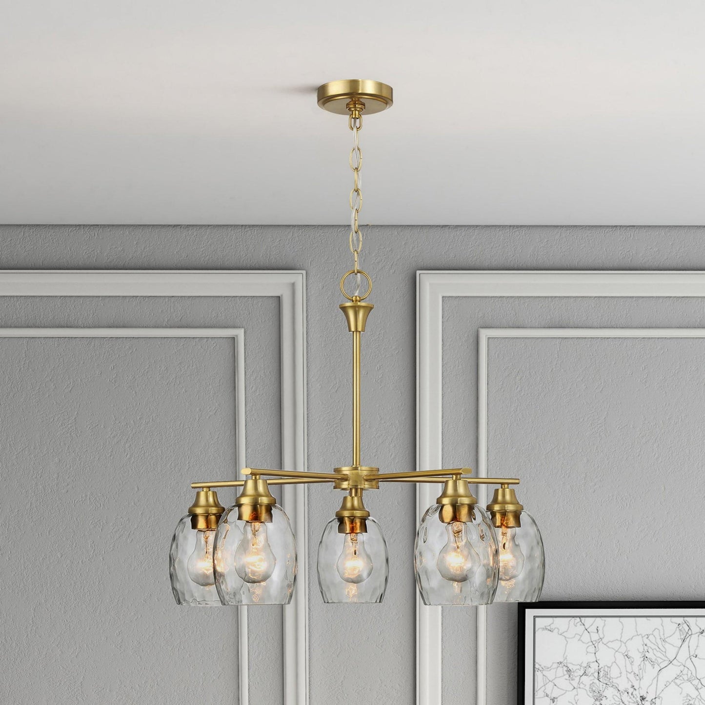 Elegance Five Lights Linear Arms Chandelier with Golden Brass Finish and Clear Water Glass 24'W x 8.5'H FredCo