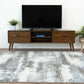 Modern wood TV stand with flat screen, abstract rug, and potted plants in living room