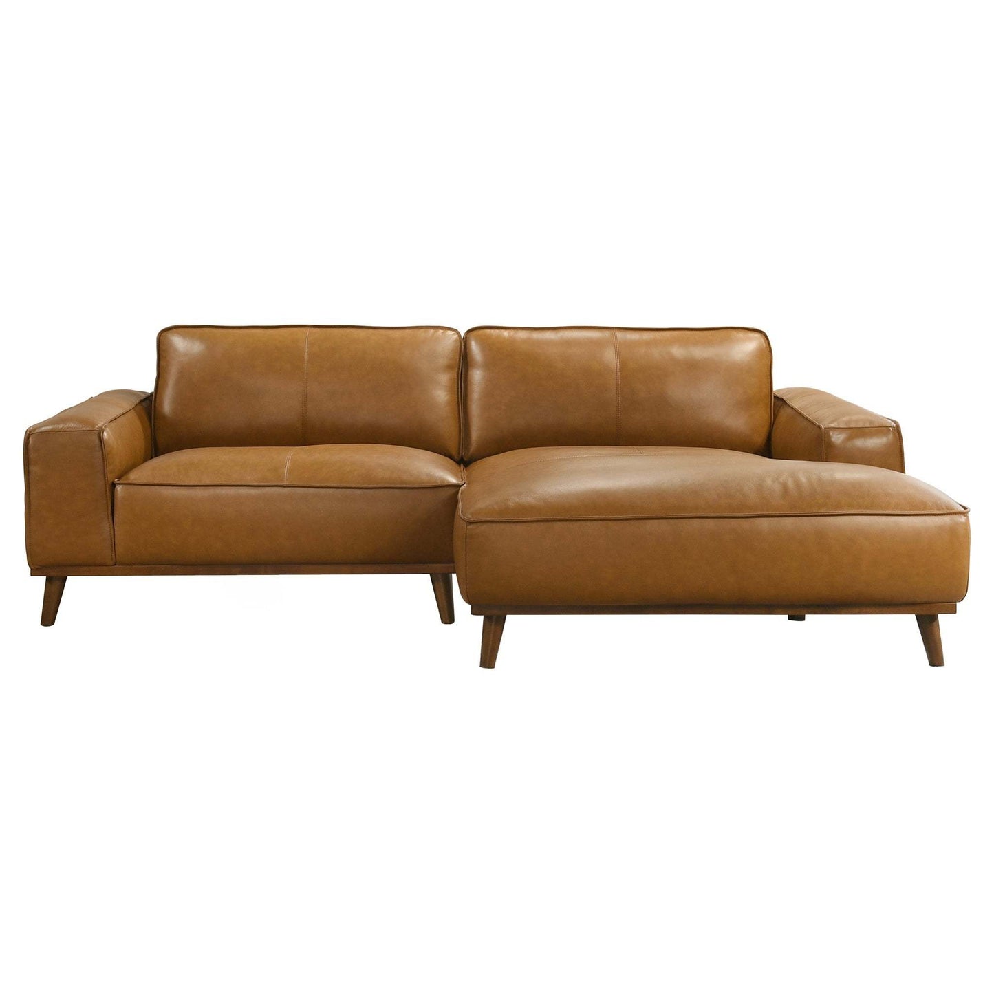 Modern brown leather sectional sofa with chaise lounge, mid-century style, FredCo International furniture