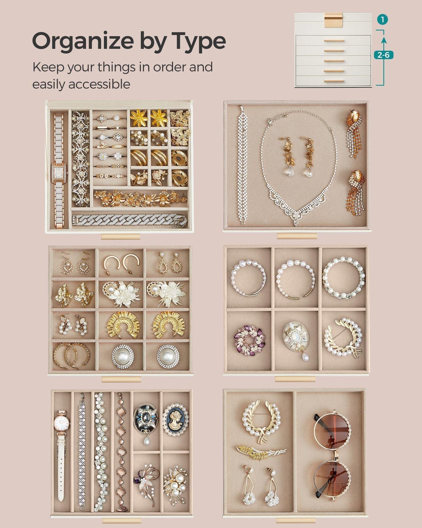 6-Layer Jewelry Box with Lid Cloud White and Gold Color FredCo