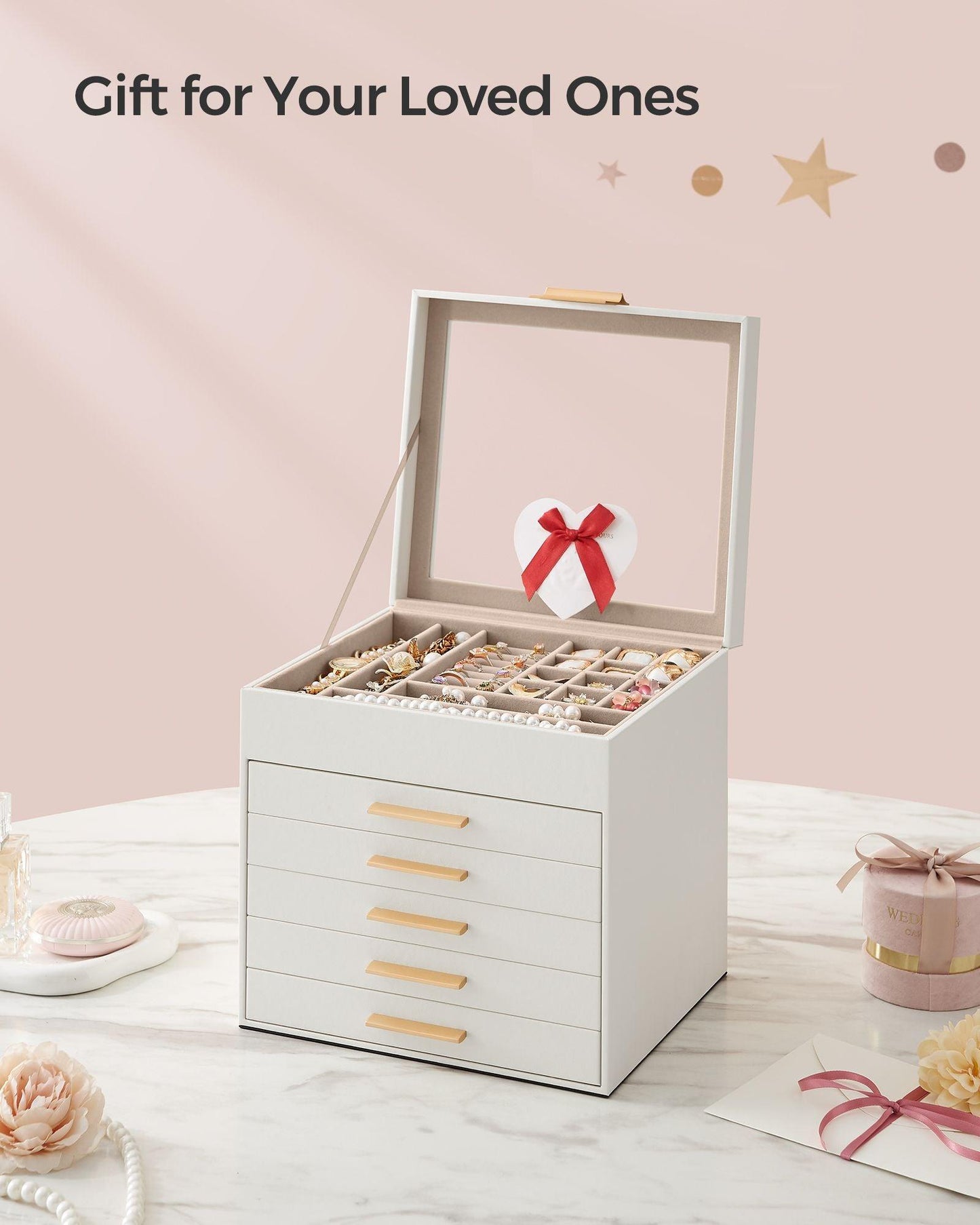 6-Layer Jewelry Box with Lid Cloud White and Gold Color FredCo