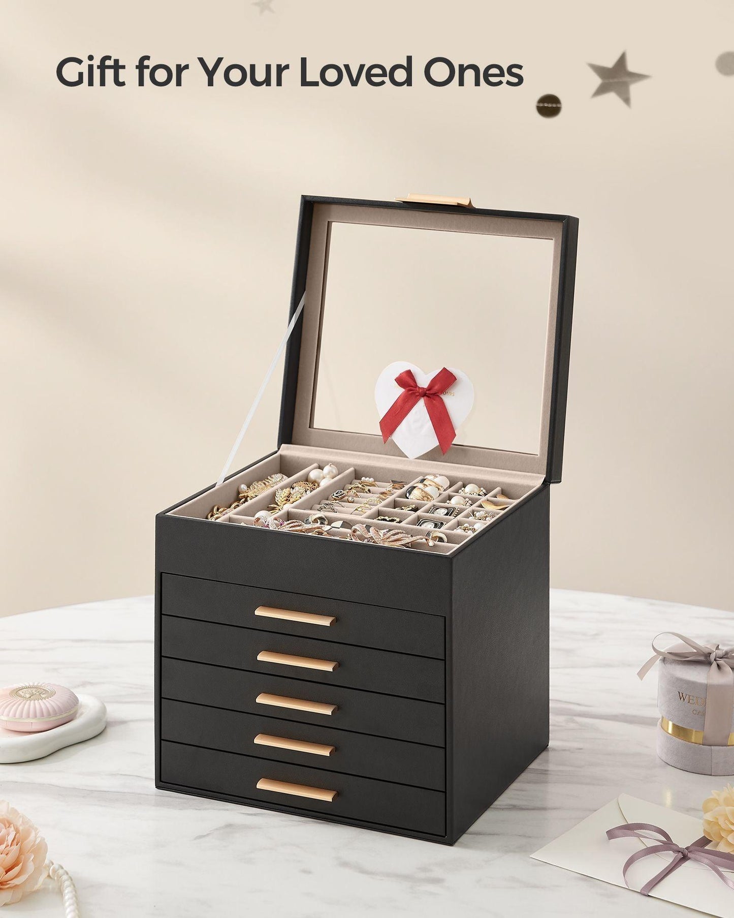 6-Layer Jewelry Box with Lid Graphite Black and Gold Color FredCo