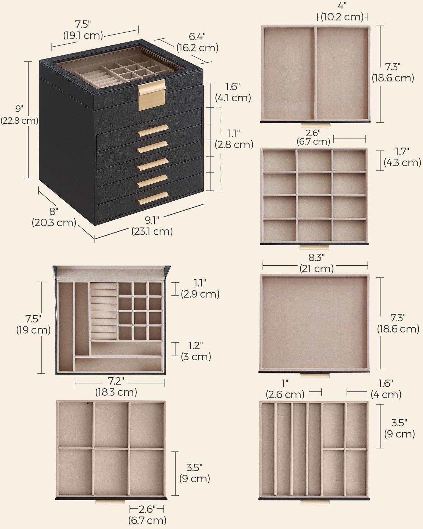 6-Layer Jewelry Box with Lid Graphite Black and Gold Color FredCo