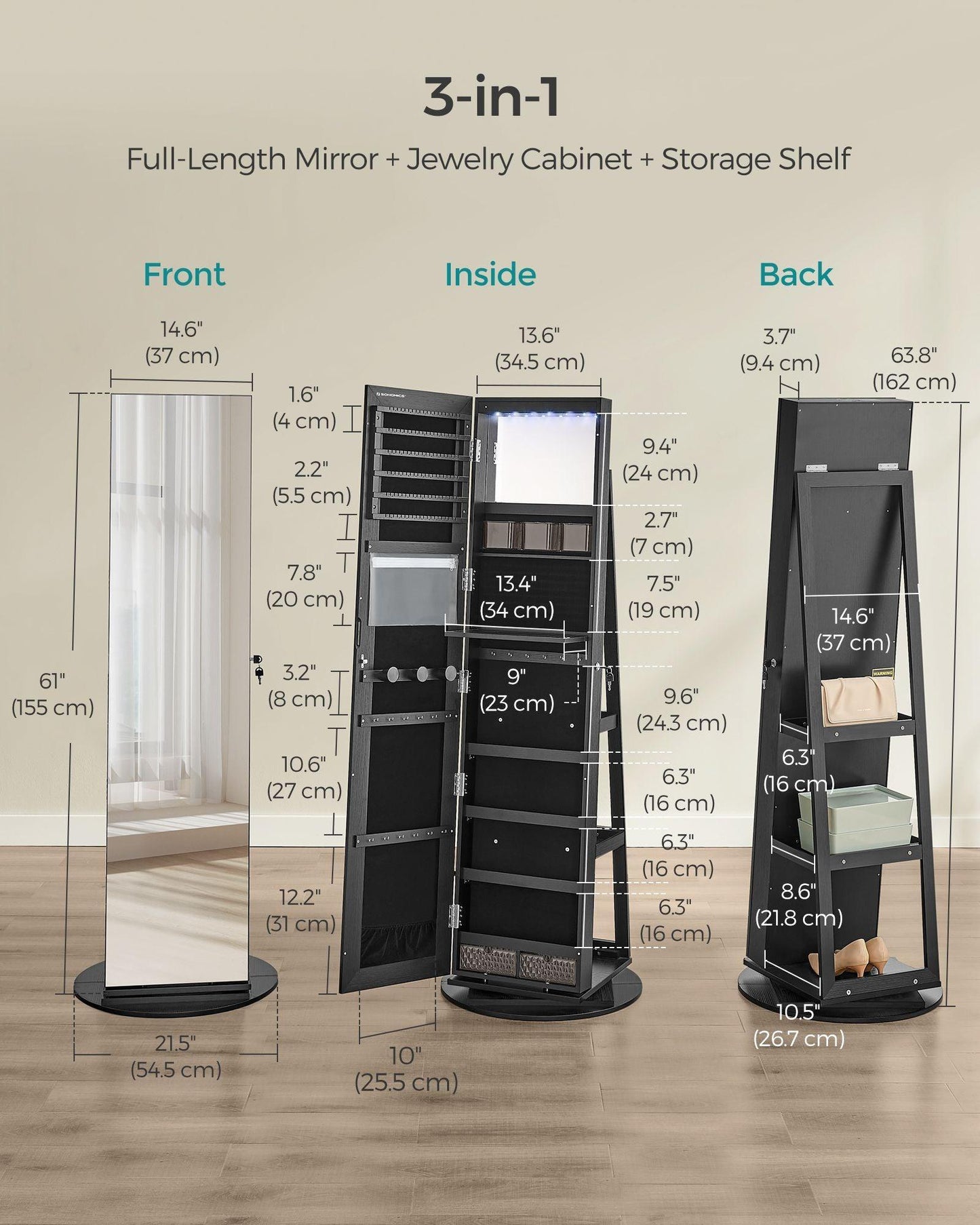 6 LEDs Lockable Mirror Jewelry Cabinet FredCo
