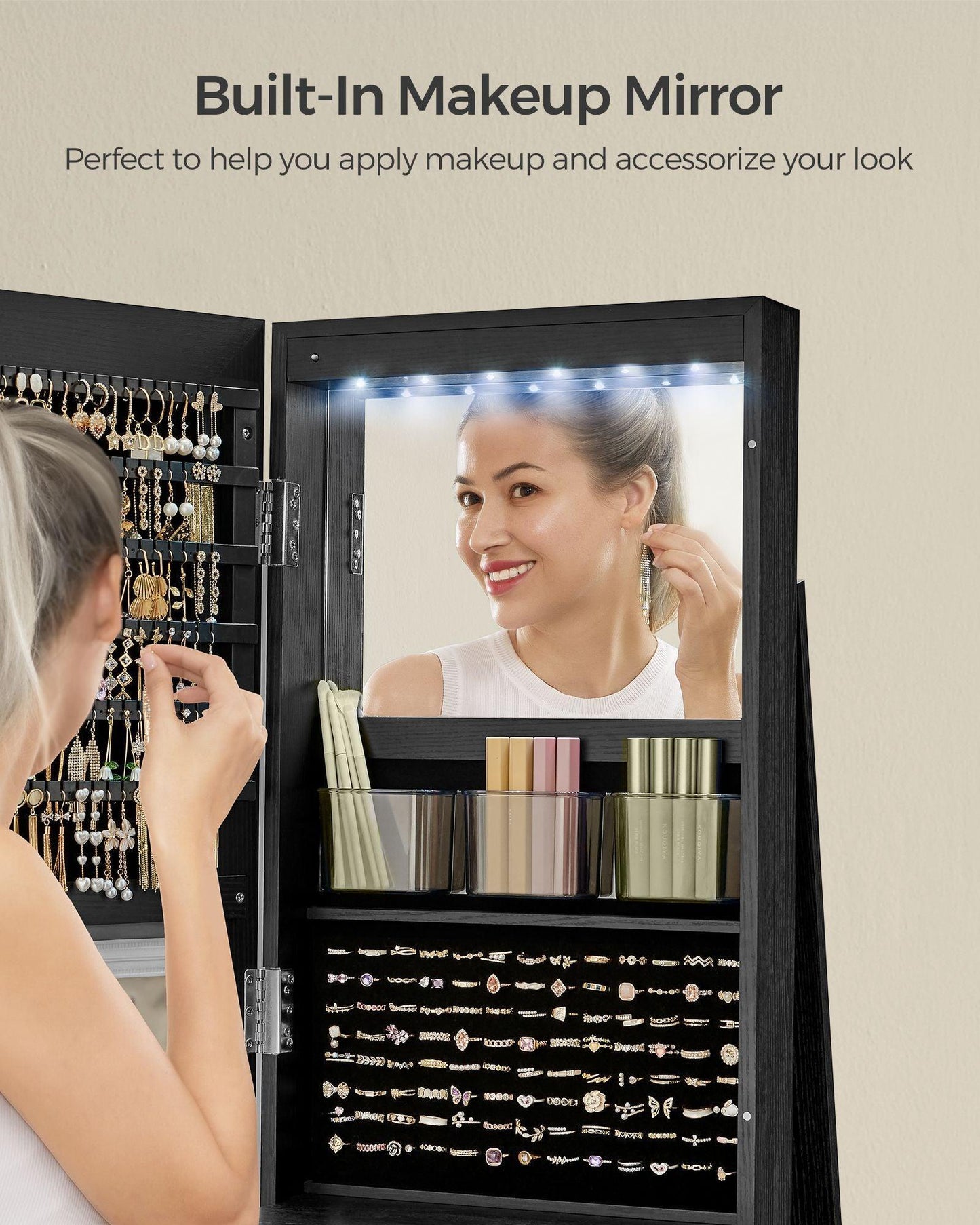 6 LEDs Lockable Mirror Jewelry Cabinet FredCo
