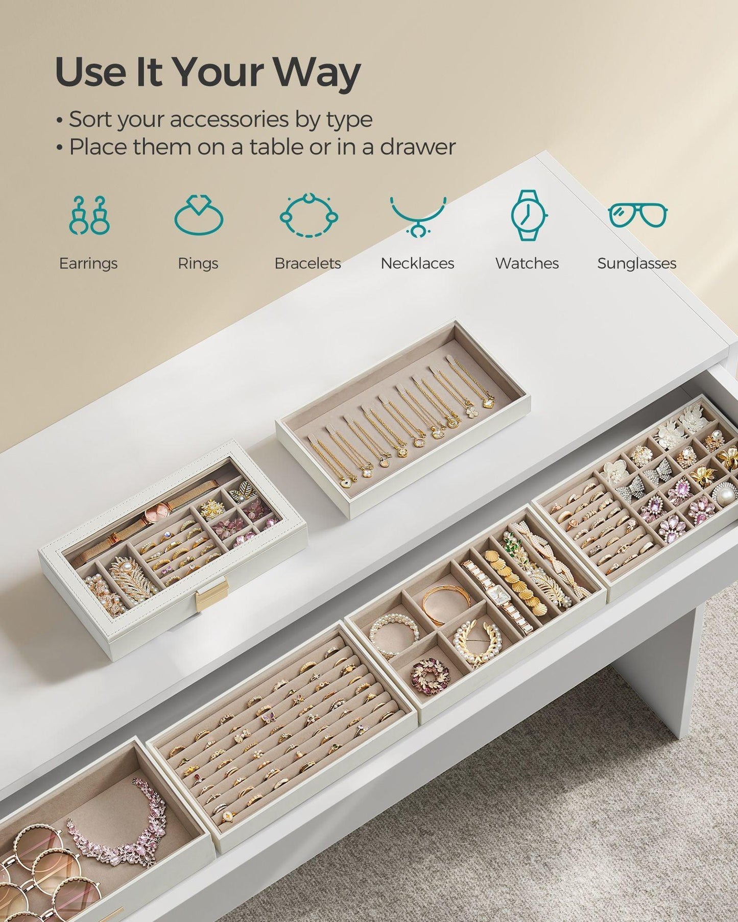 6-Tier Stackable Jewelry Trays Cloud White FredCo