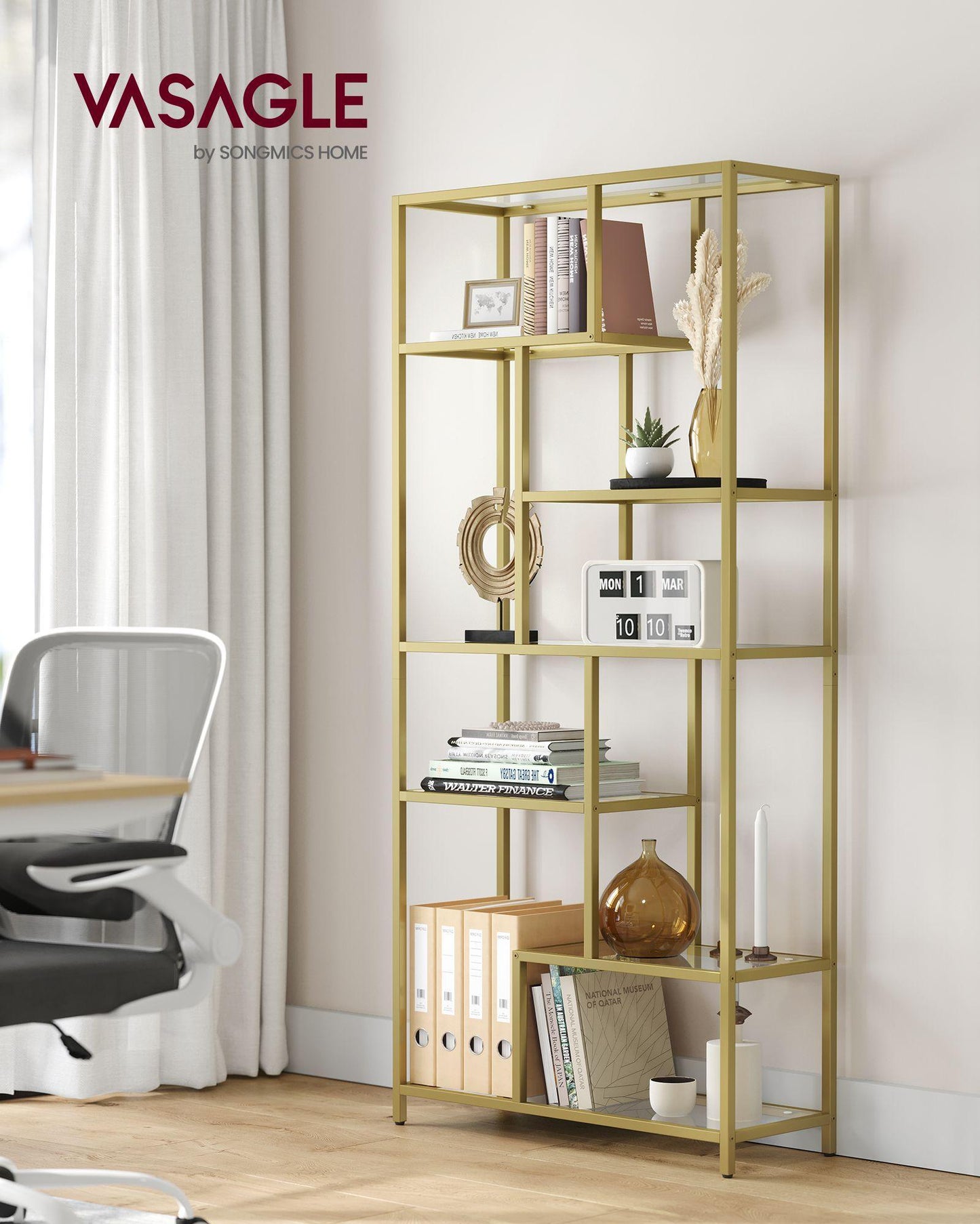 6-Tier Tall Bookshelf with Tempered Glass Shelves FredCo