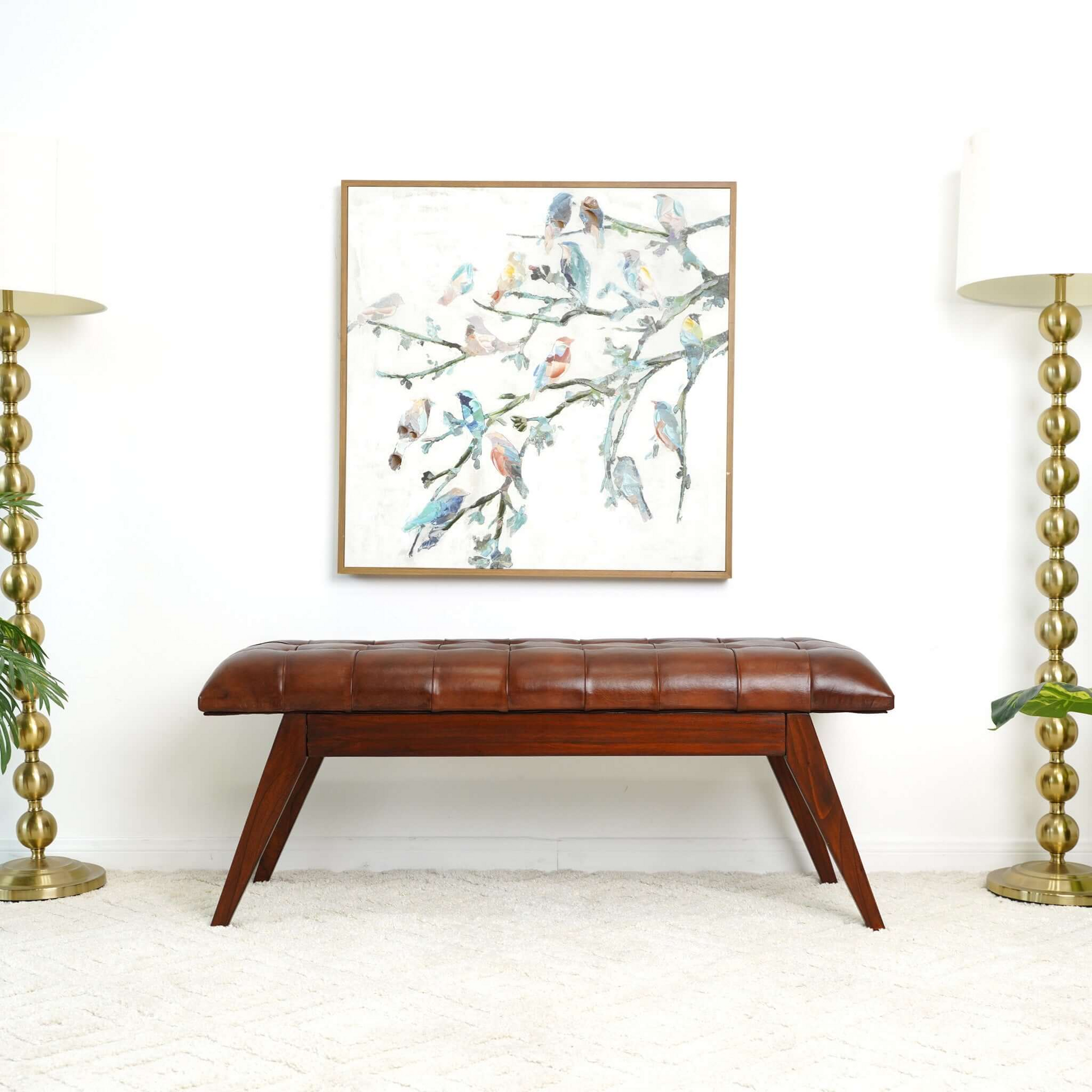 Maja Mid Century Modern Tan Leather Bench with Solid Wood Frame and Tapered Legs 17.7'H x 47.2'W x 15.7'D for Living Room Bedroom Waiting Room FredCo