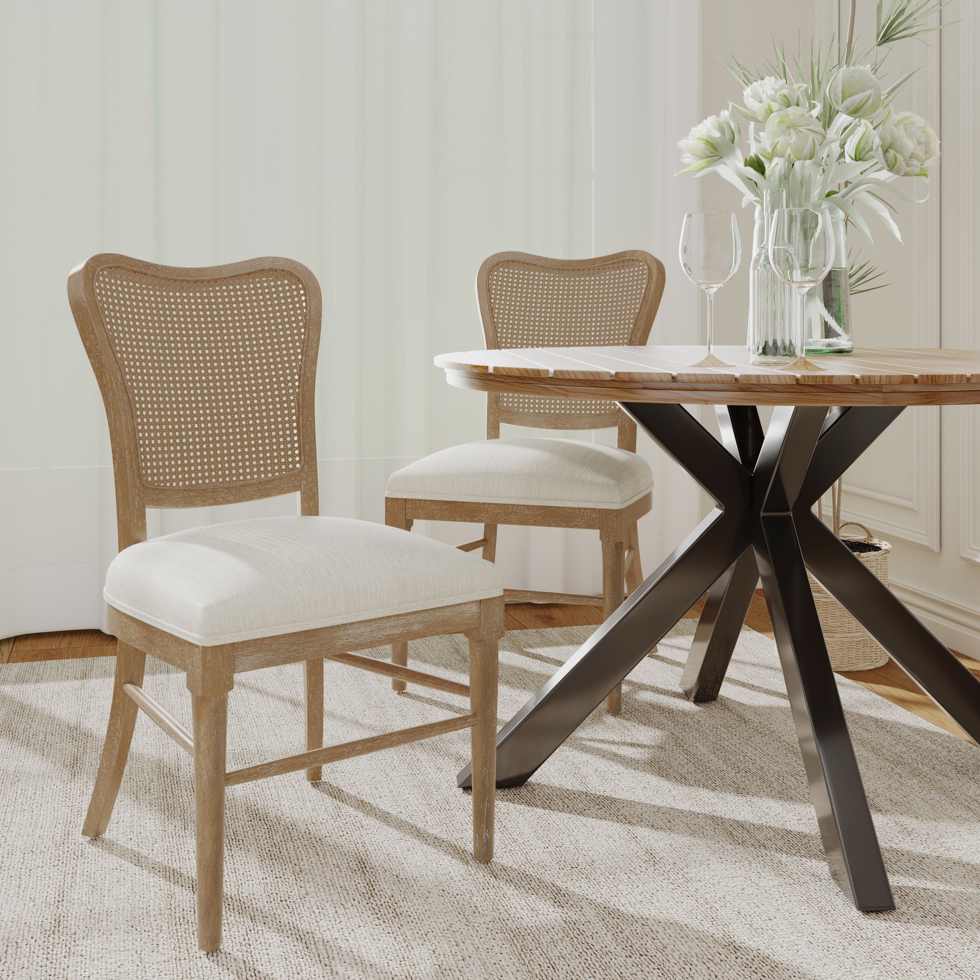 Classic Retro Dining Chair Set of 2 with Rattan Backrest, Dark Brown Rubberwood Frame, Beige Fabric Cushion FredCo