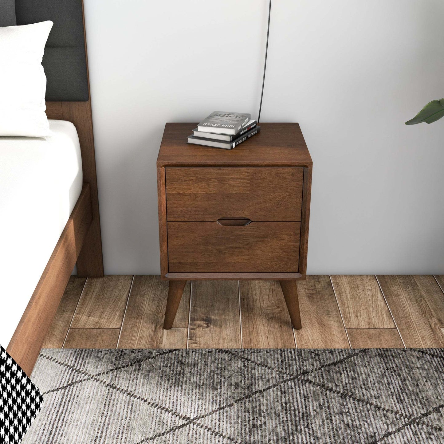 Alexandra Mid-Century Modern Night Stand with 2 Drawers in Walnut Brown Solid Wood 24.8'H x 17.7'W x 15.7'D FredCo