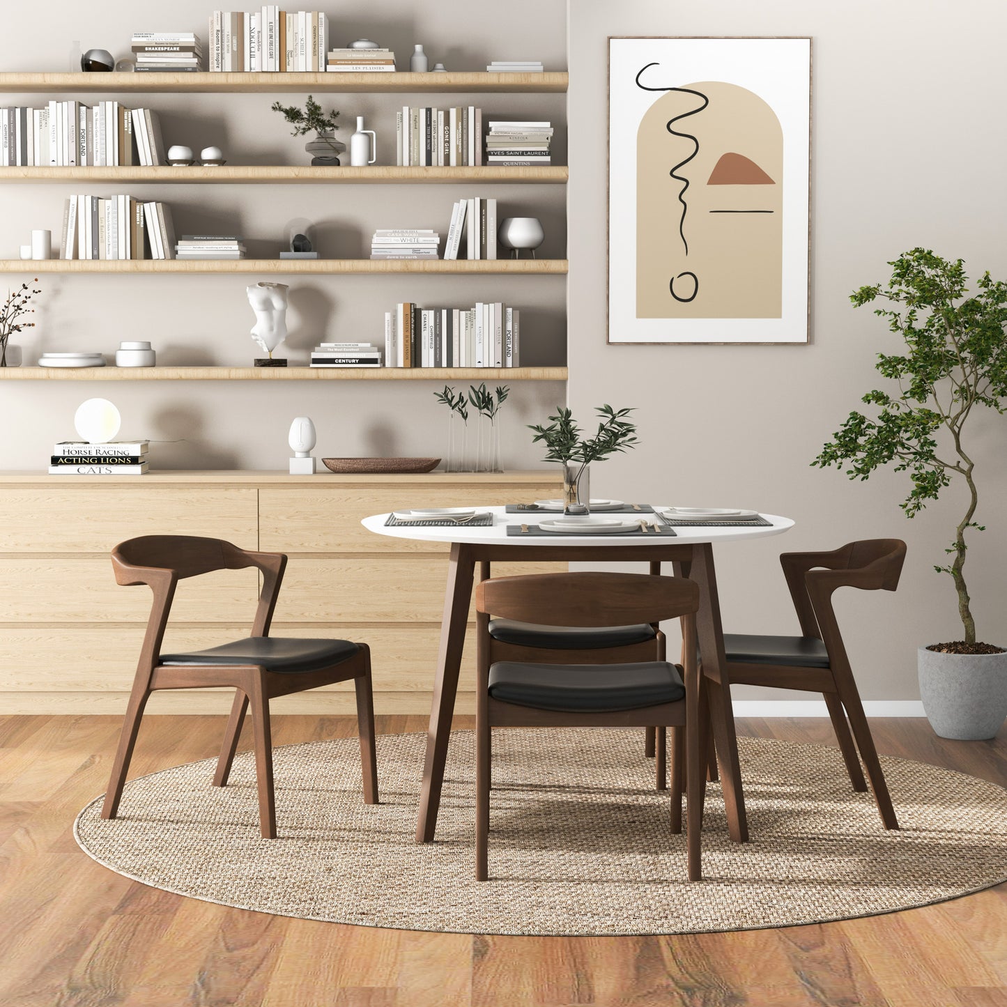 Dakota Mid-Century Solid Wood Dining Chair Set with Black Leather Upholstery Set Of 2 FredCo