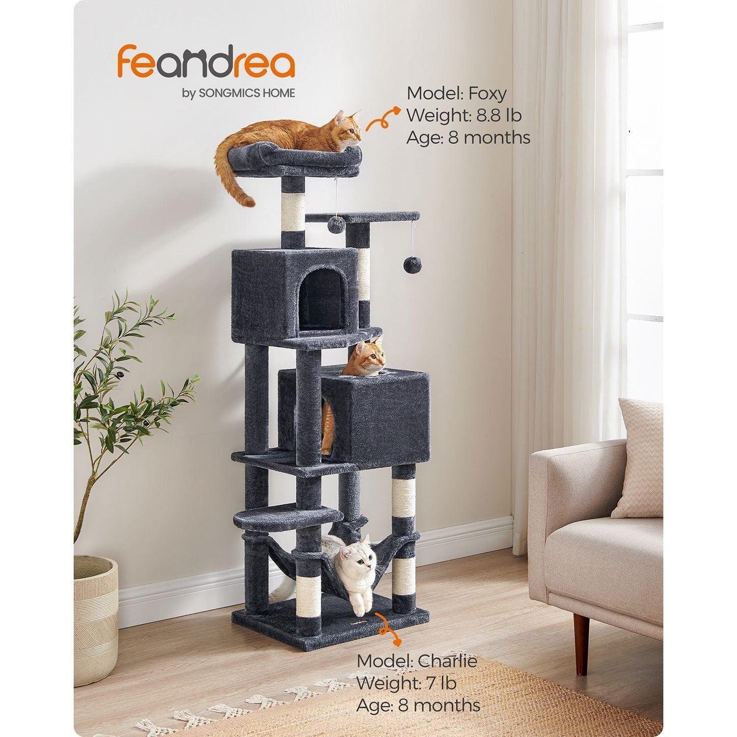 61-Inch Cat Tree Smoky Gray FredCo