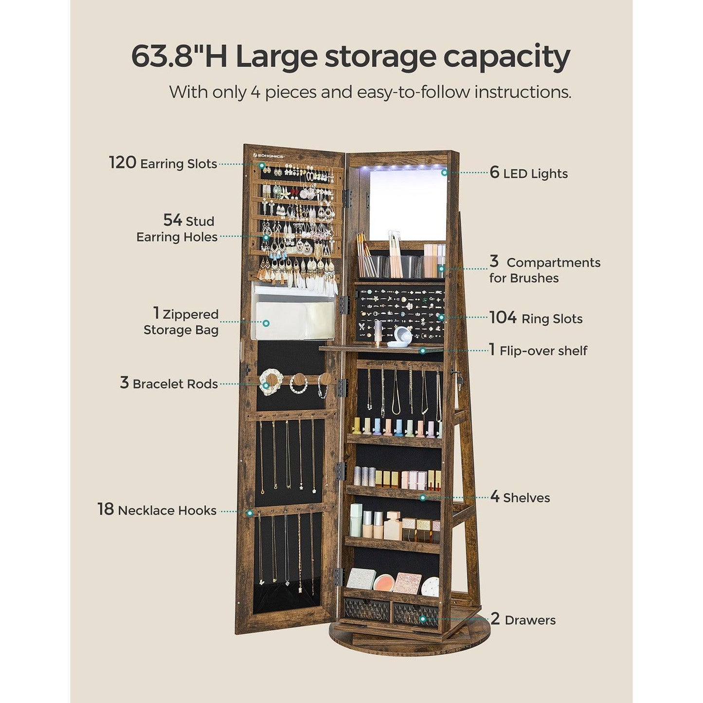 61-Inch Jewelry Cabinet with Lights FredCo