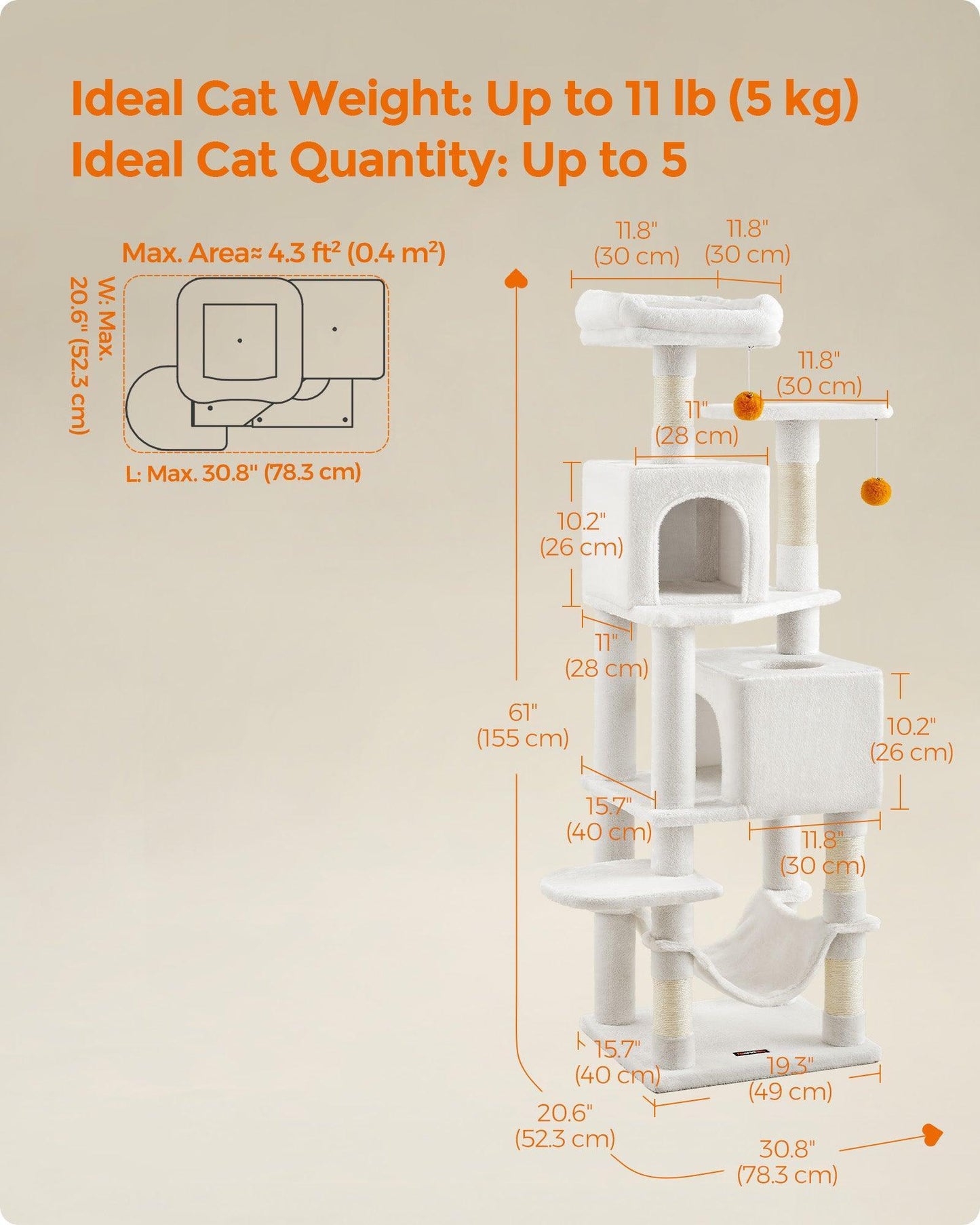 61" Tall Multi-Level Cat Tree with Scratching Posts Cream White FredCo