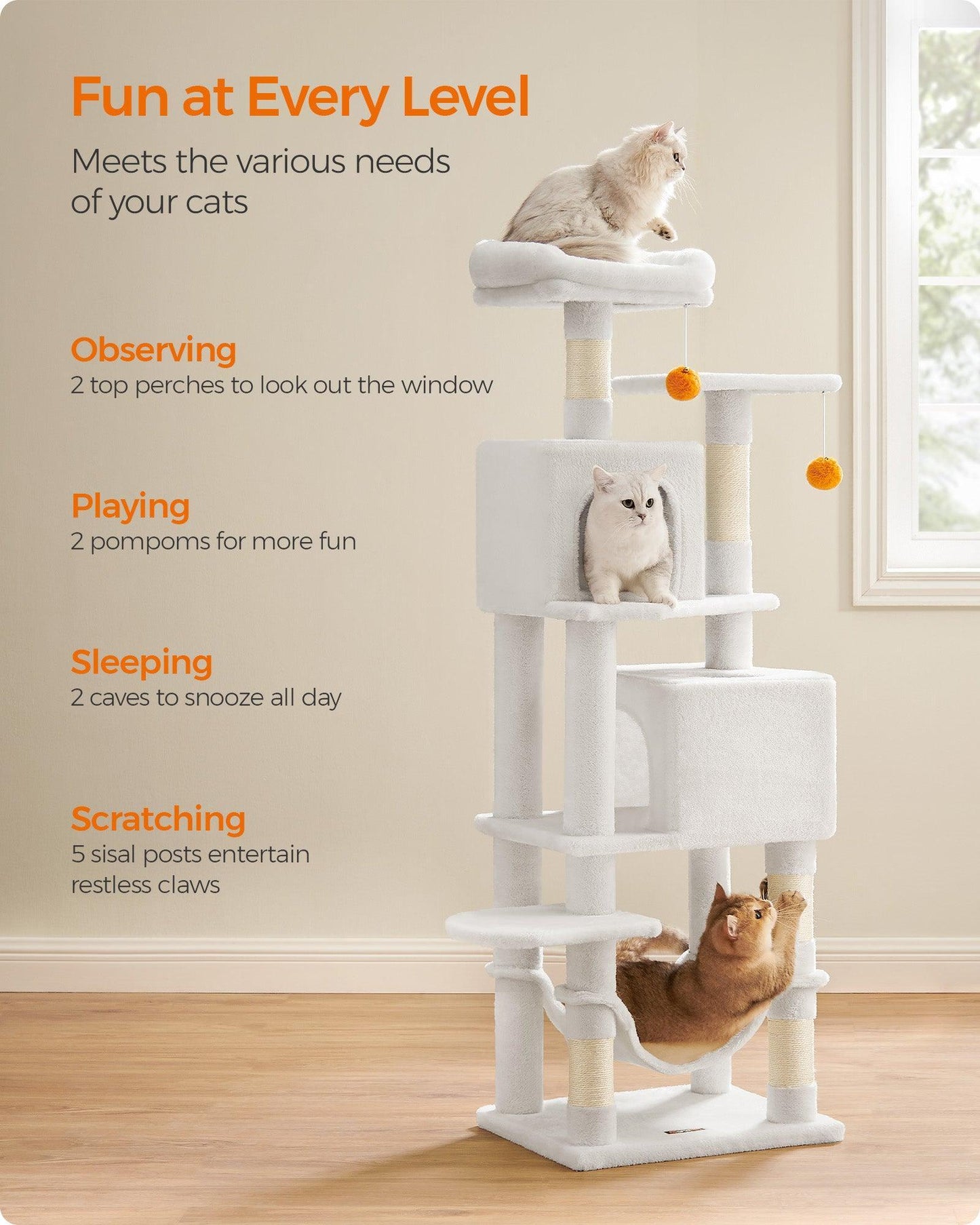 61" Tall Multi-Level Cat Tree with Scratching Posts Cream White FredCo