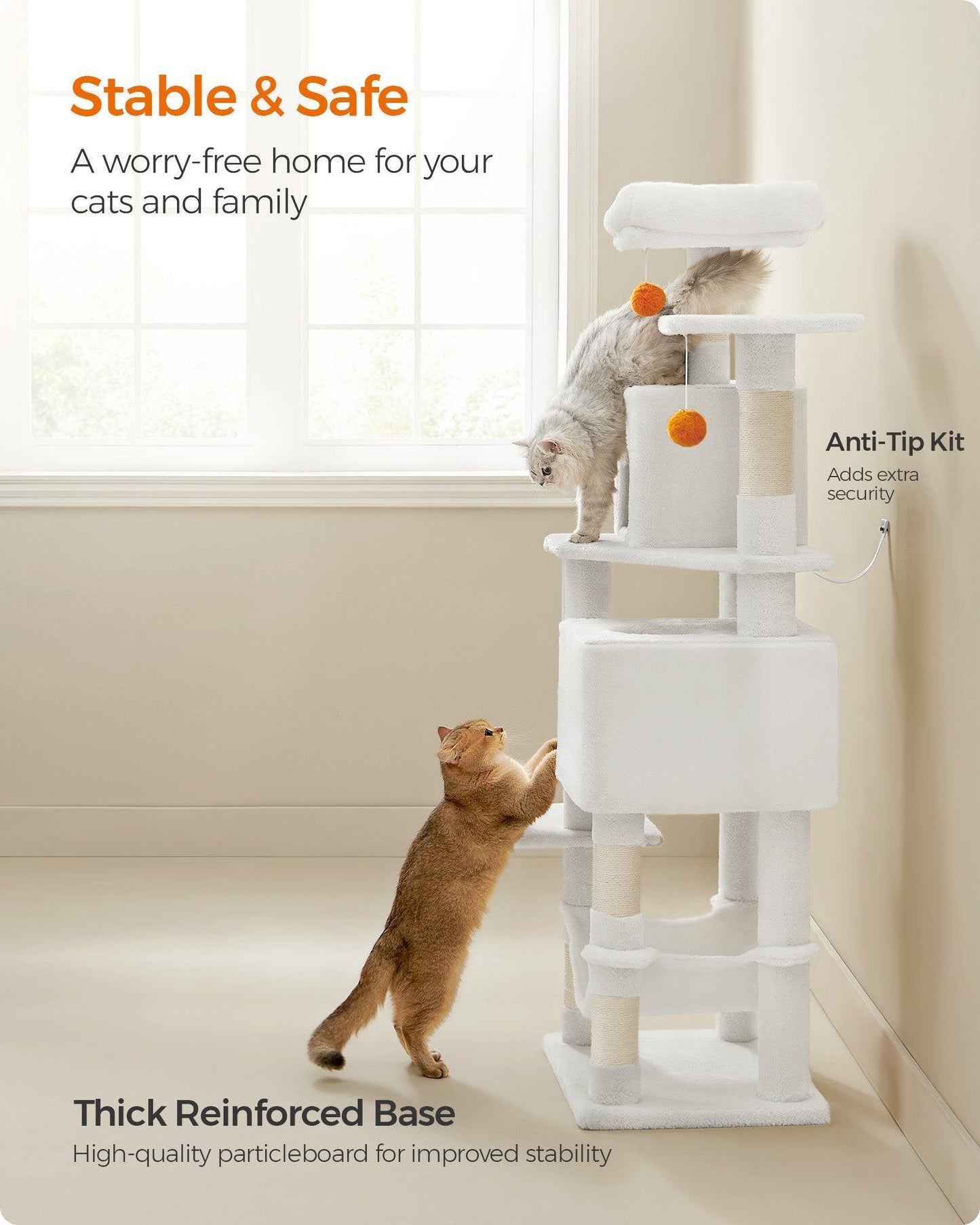 61" Tall Multi-Level Cat Tree with Scratching Posts Cream White FredCo