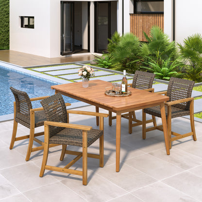 5-Piece Patio Dining Set, 63' Slatted Table & 4 Acacia Wood & PE Rattan Chairs for Patio Garden FredCo