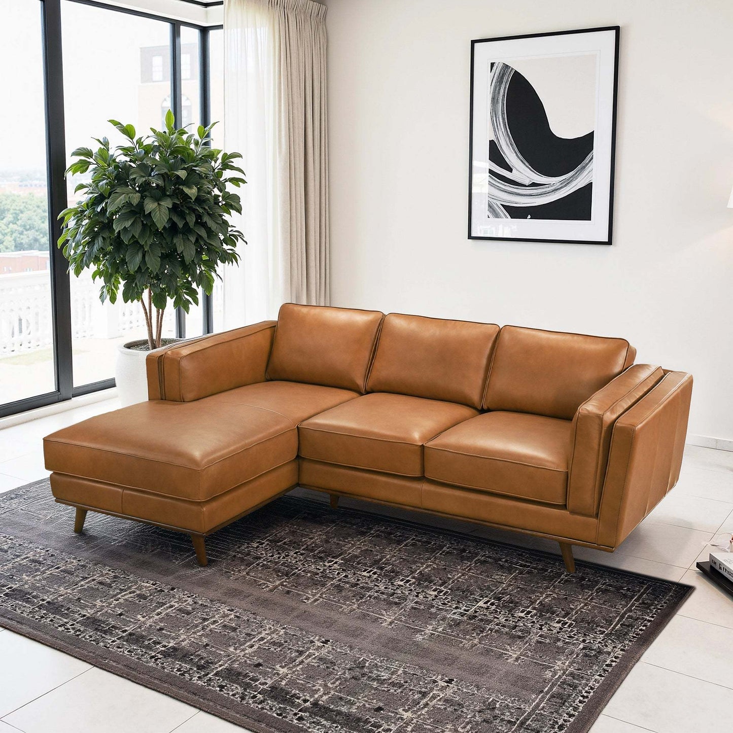 Chase Genuine Leather Sectional Left Facing Sofa Tan Leather 90.90 inches FredCo