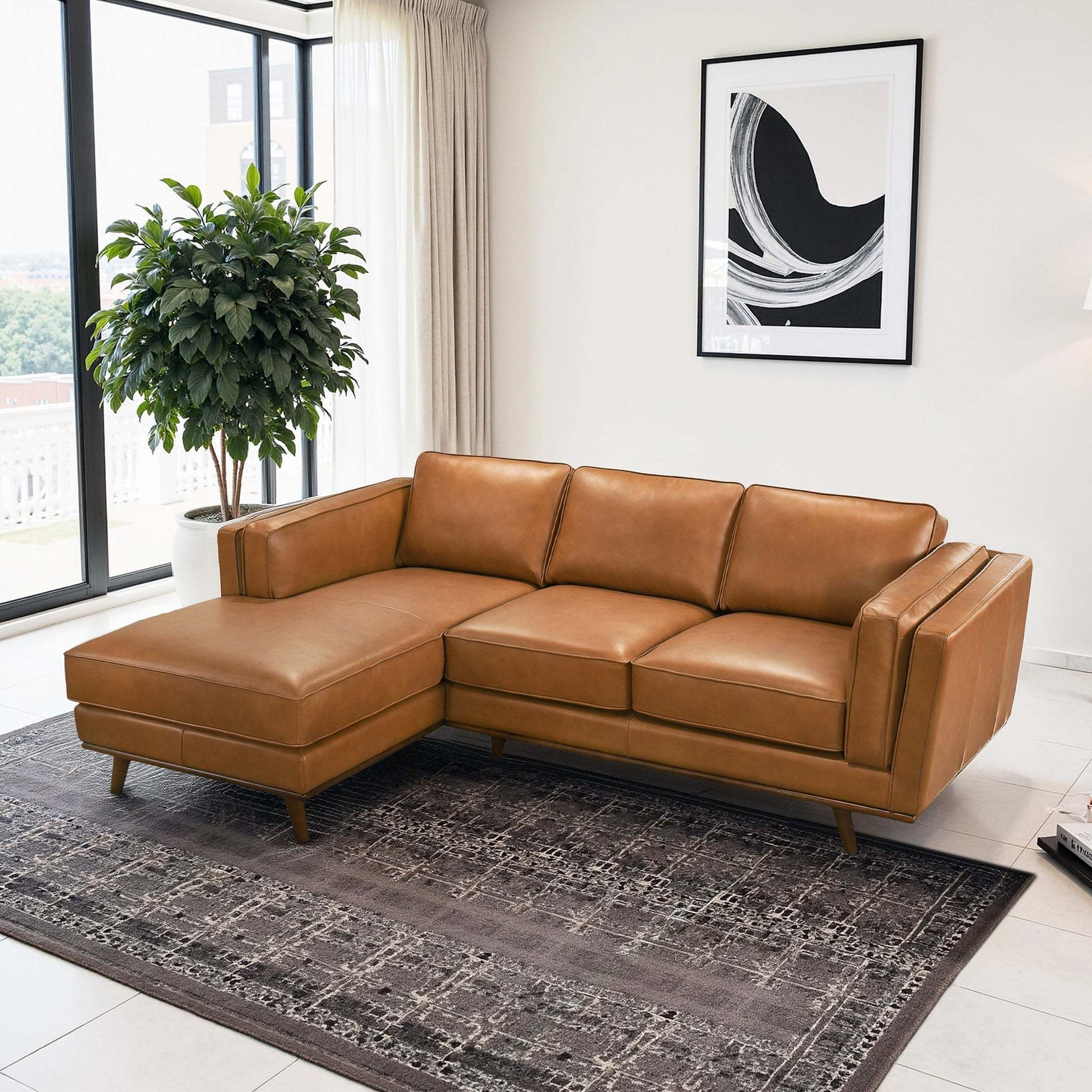Chase Genuine Leather Sectional Left Facing Sofa Tan Leather 90.90 inches FredCo