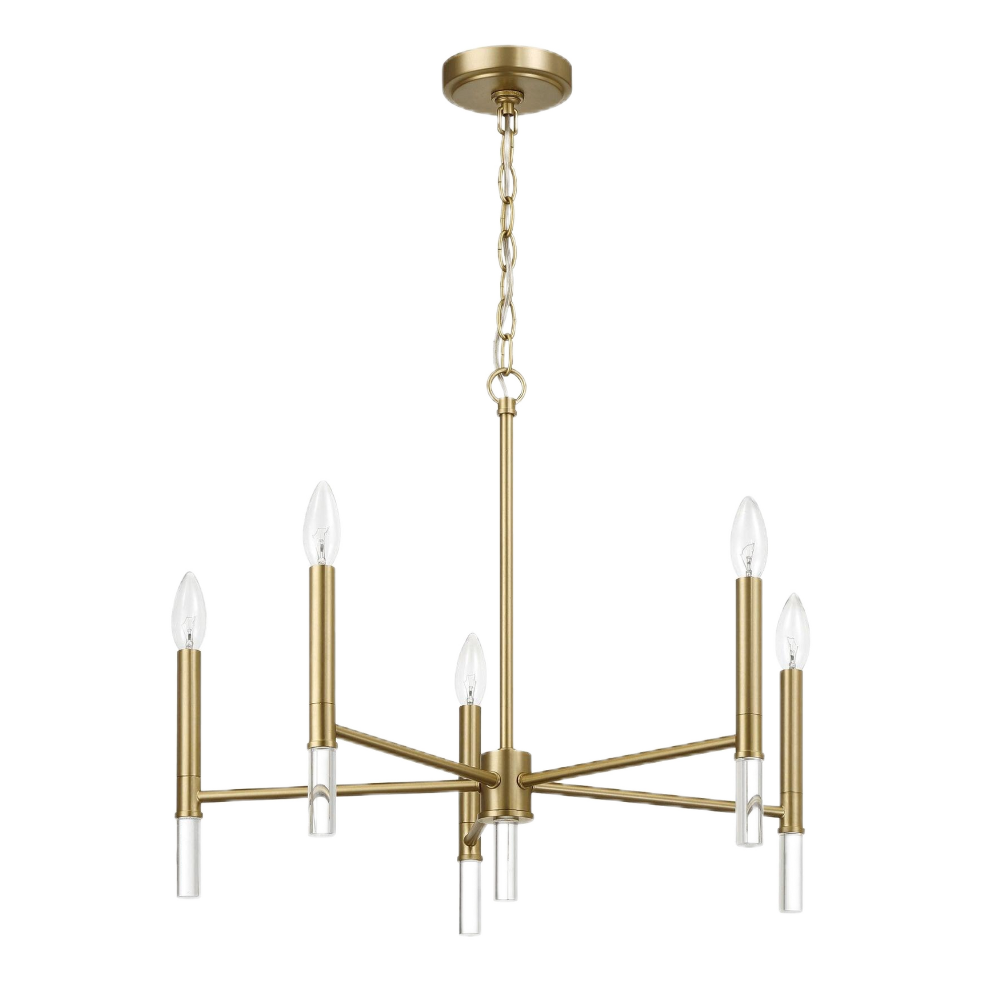 Modern gold six-light chandelier with clear glass candle bulbs, home lighting decor