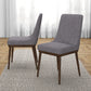 Pair of modern gray upholstered dining chairs with wooden legs on textured rug