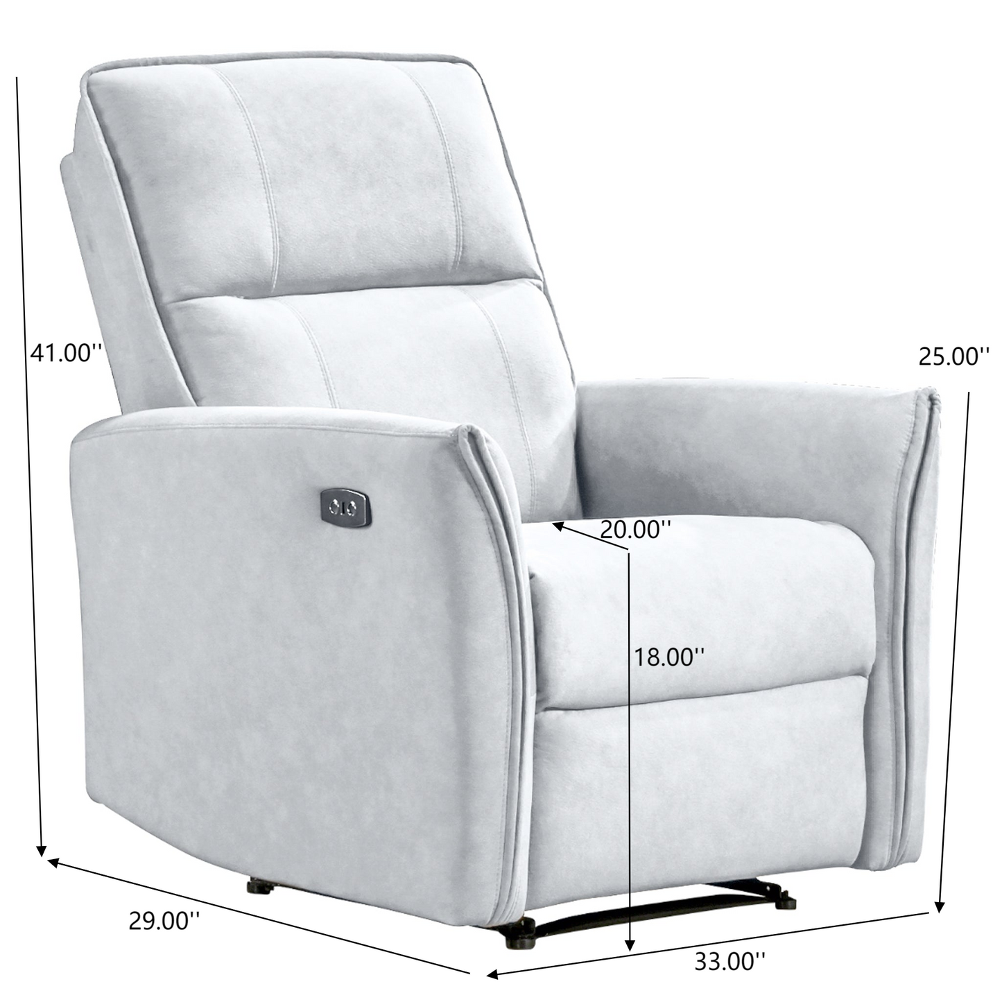 Modern light gray recliner chair with size measurements, perfect for home furniture, FredCo International