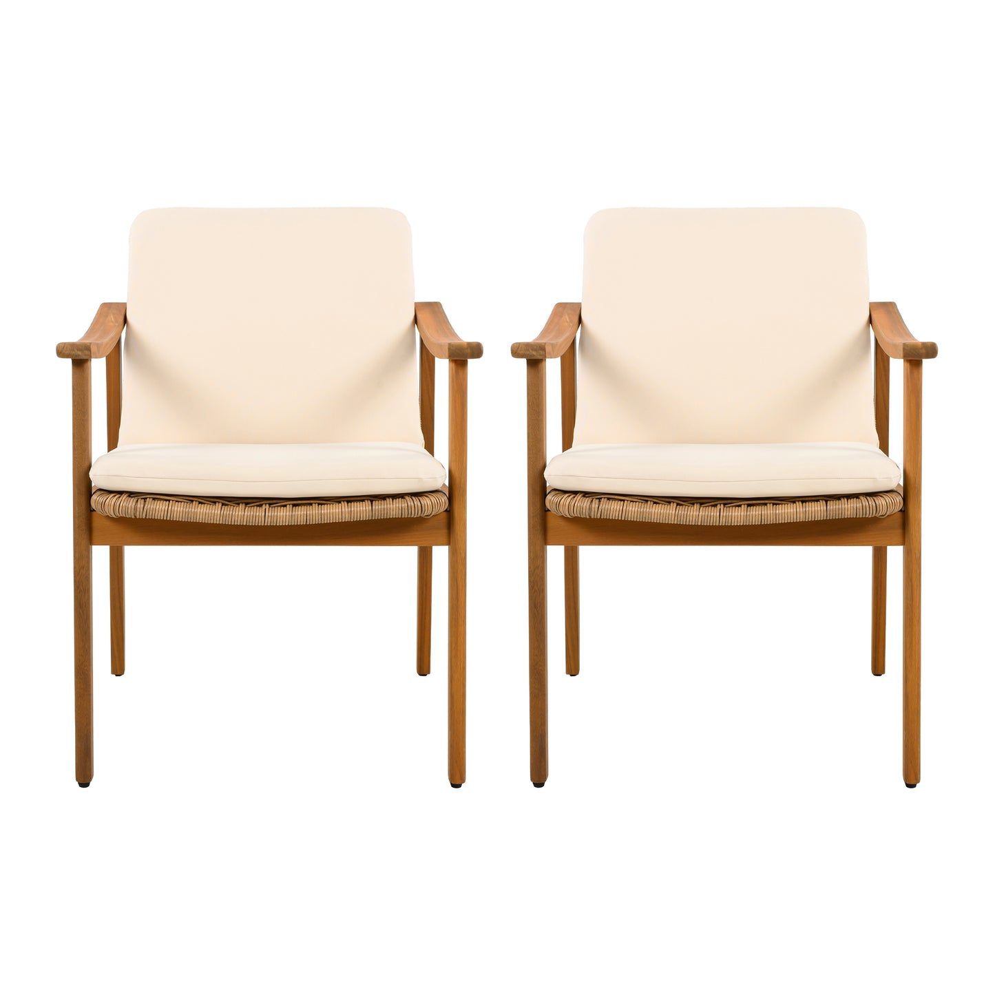 Outdoor Dining Chairs Set of 2, Teak Color Acacia Wood Frame, Brown PE Wicker, Beige Waterproof Cushion, Ideal for Patios, Gardens