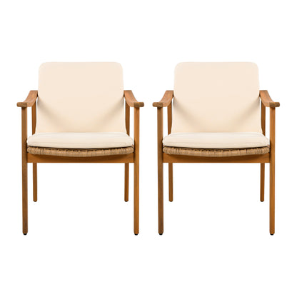 Outdoor Dining Chairs Set of 2, Teak Color Acacia Wood Frame, Brown PE Wicker, Beige Waterproof Cushion, Ideal for Patios, Gardens