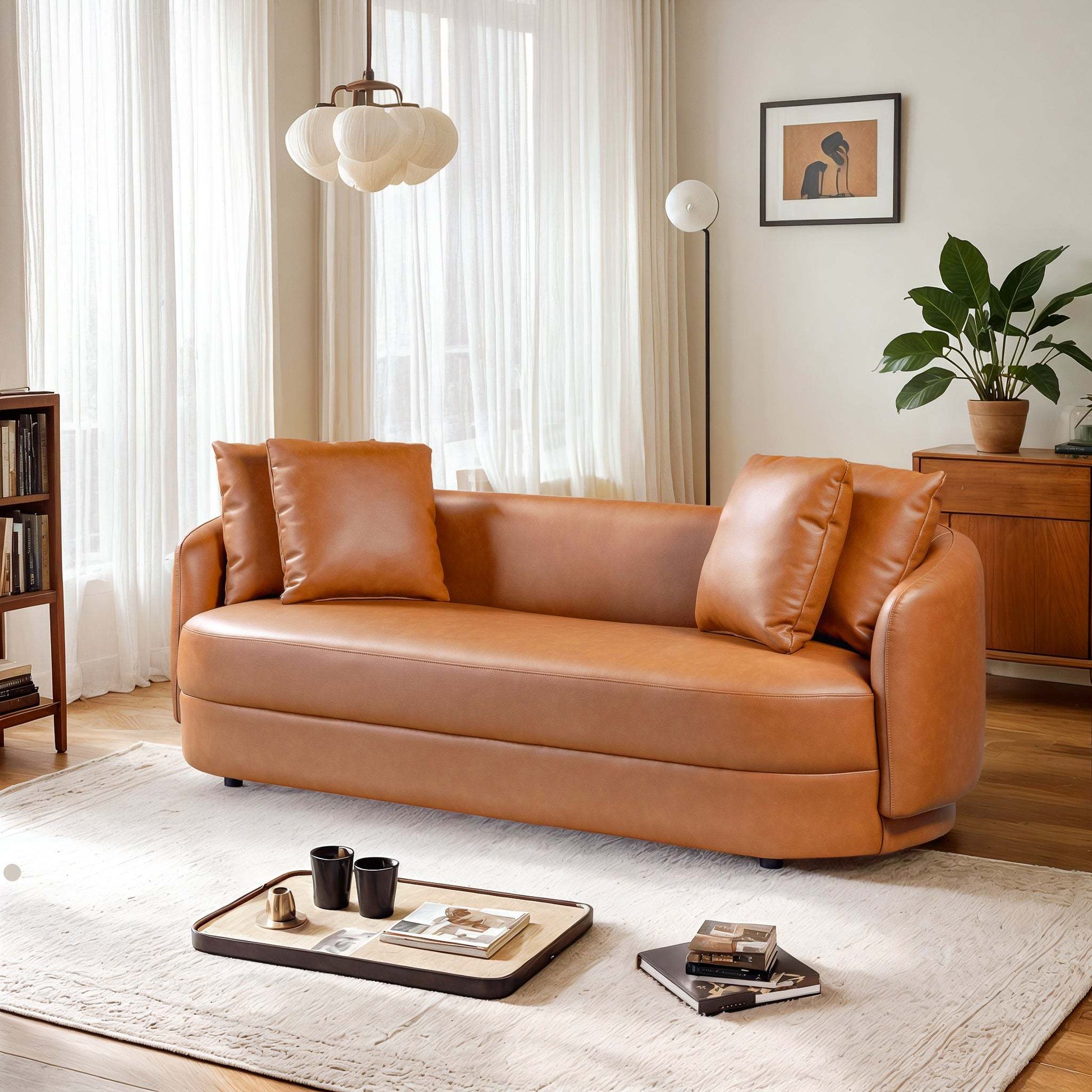 Dylan Modern Cognac Leather Sofa with Composite Leather and Eucalyptus Frame, 85'W FredCo
