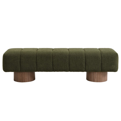 Upholstered Dining Bench for Dining Room, No-Assembly End of Bed Entryway Bench Ottoman for Bedroom Living Room, Green Boucle Fabric Stool Top Wood Leg 300 LBS Weight Capacity FredCo