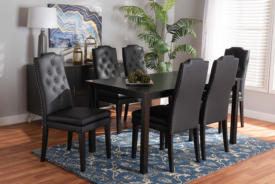 Baxton Studio Dylin Modern and Contemporary Black Faux Leather Upholstered and Dark Brown Finished Wood 7-Piece Dining Set